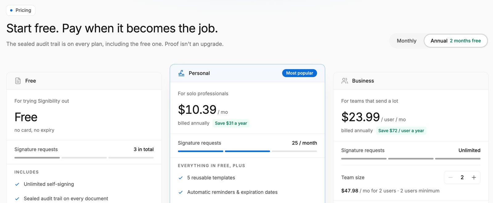Signibility pricing page with the Annual billing toggle selected, showing Personal at $10.39 a month with Save $31 a year and Business at $23.99 per user with Save $72 per user a year