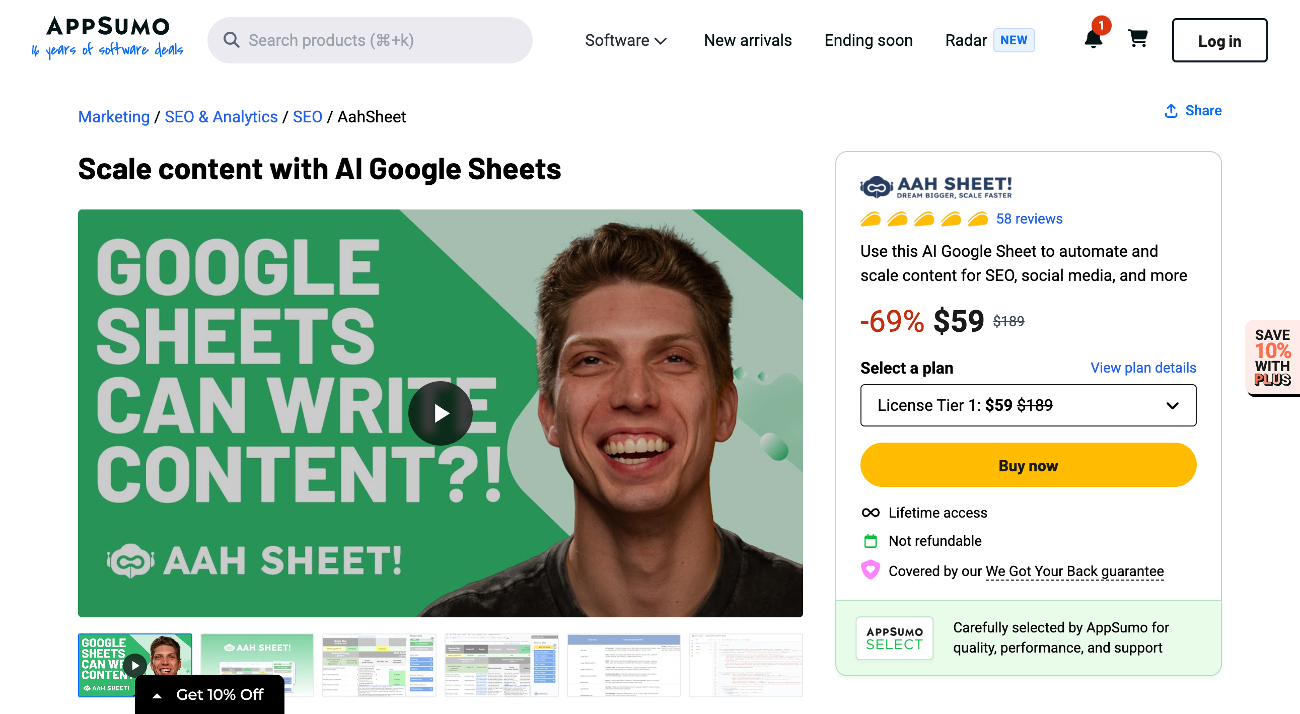 AahSheet AppSumo listing showing 58 reviews, a 69 percent discount to $59 from $189, the License Tier 1 selector, a Buy now button, lifetime access, a Not refundable line and the AppSumo Select badge