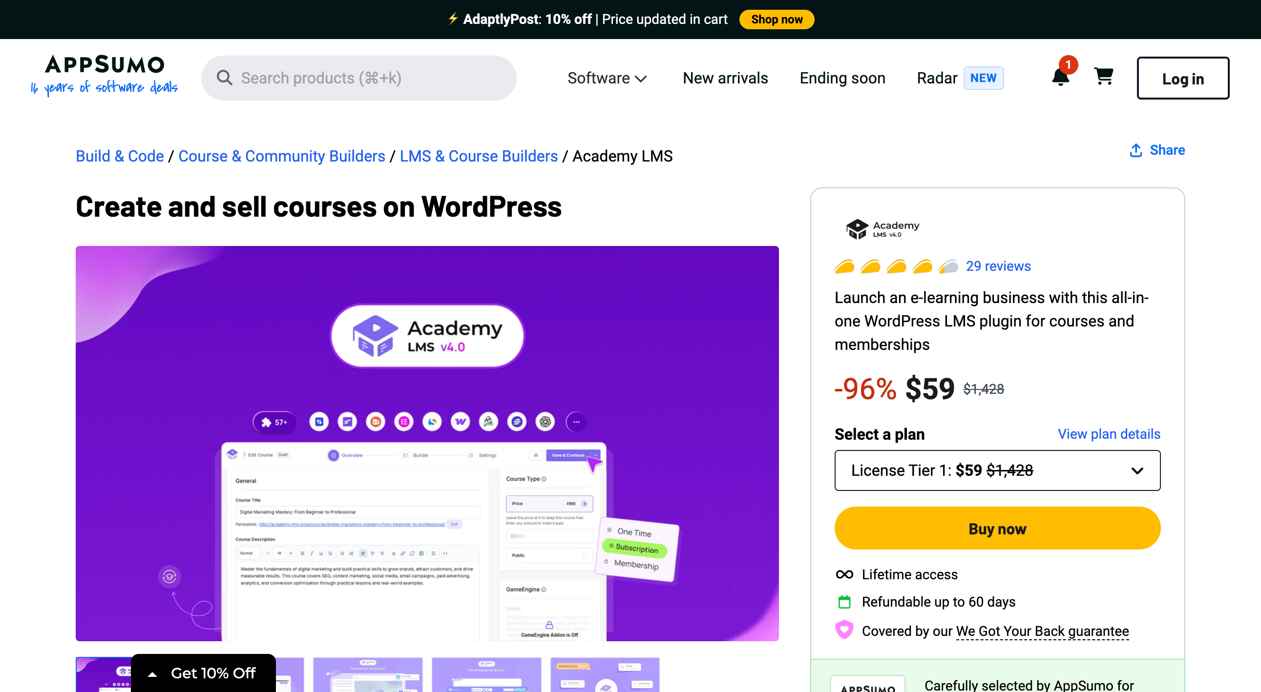 Academy LMS AppSumo listing showing 29 reviews, a 96 percent discount to $59 from $1,428, the License Tier 1 selector, a Buy now button, lifetime access and a 60-day refund line