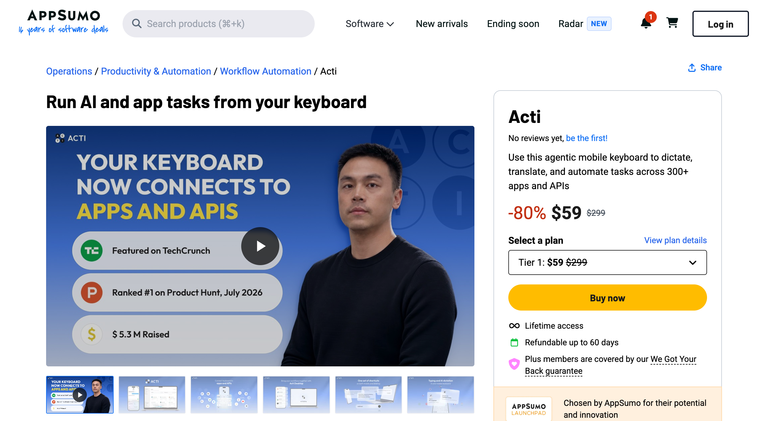 Acti AppSumo listing showing an 80 percent discount to $59 from $299, the Tier 1 selector, a Buy now button, lifetime access, a 60-day refund line and the AppSumo Launchpad badge