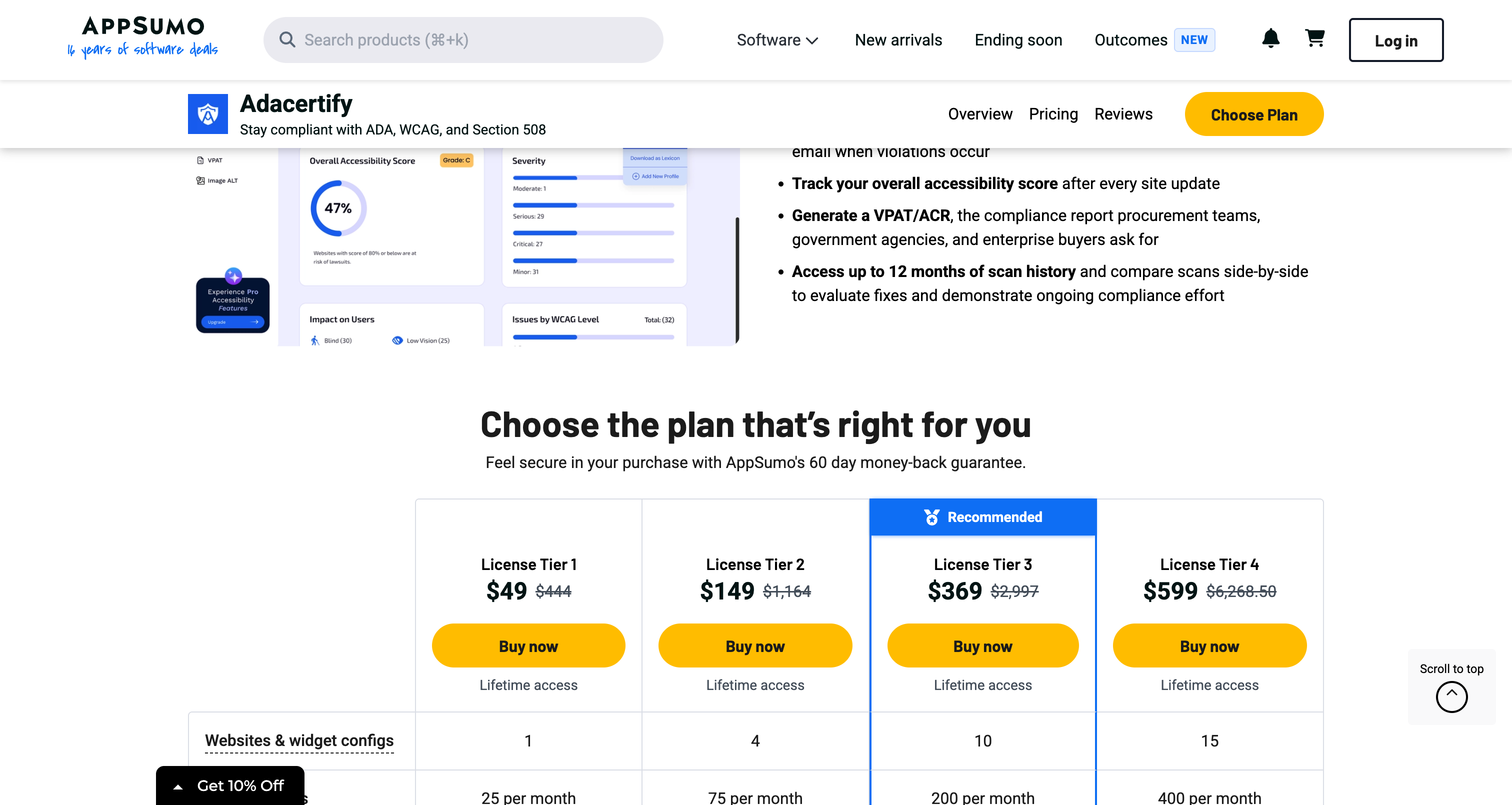 AdaCertify AppSumo pricing table showing four lifetime tiers at $49, $149, $369, and $599 with website and widget config and monthly monitor page limits
