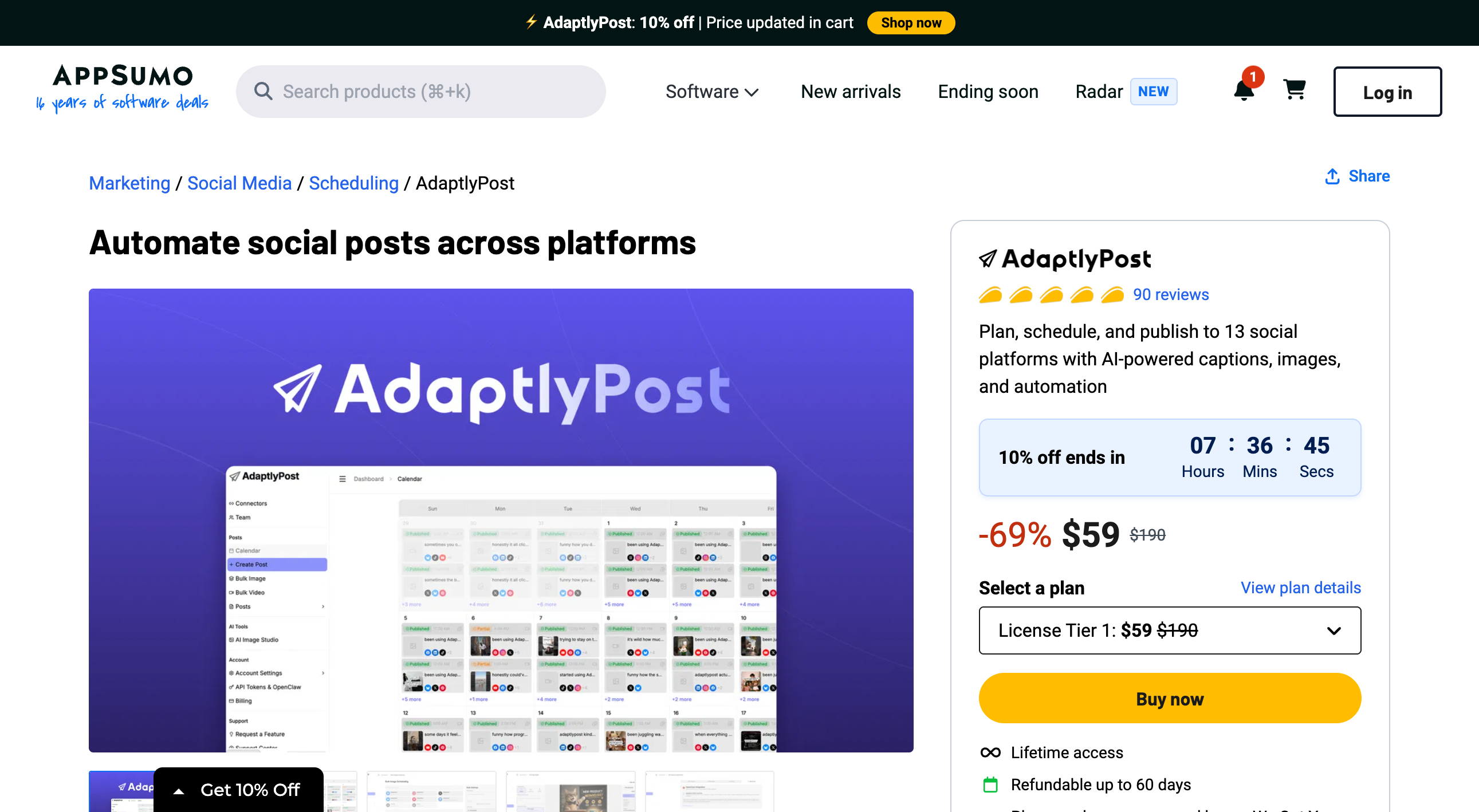 AdaptlyPost AppSumo listing showing 90 reviews, a 69 percent discount to $59 from $190, the License Tier 1 selector, a Buy now button, lifetime access and a 60-day refund line