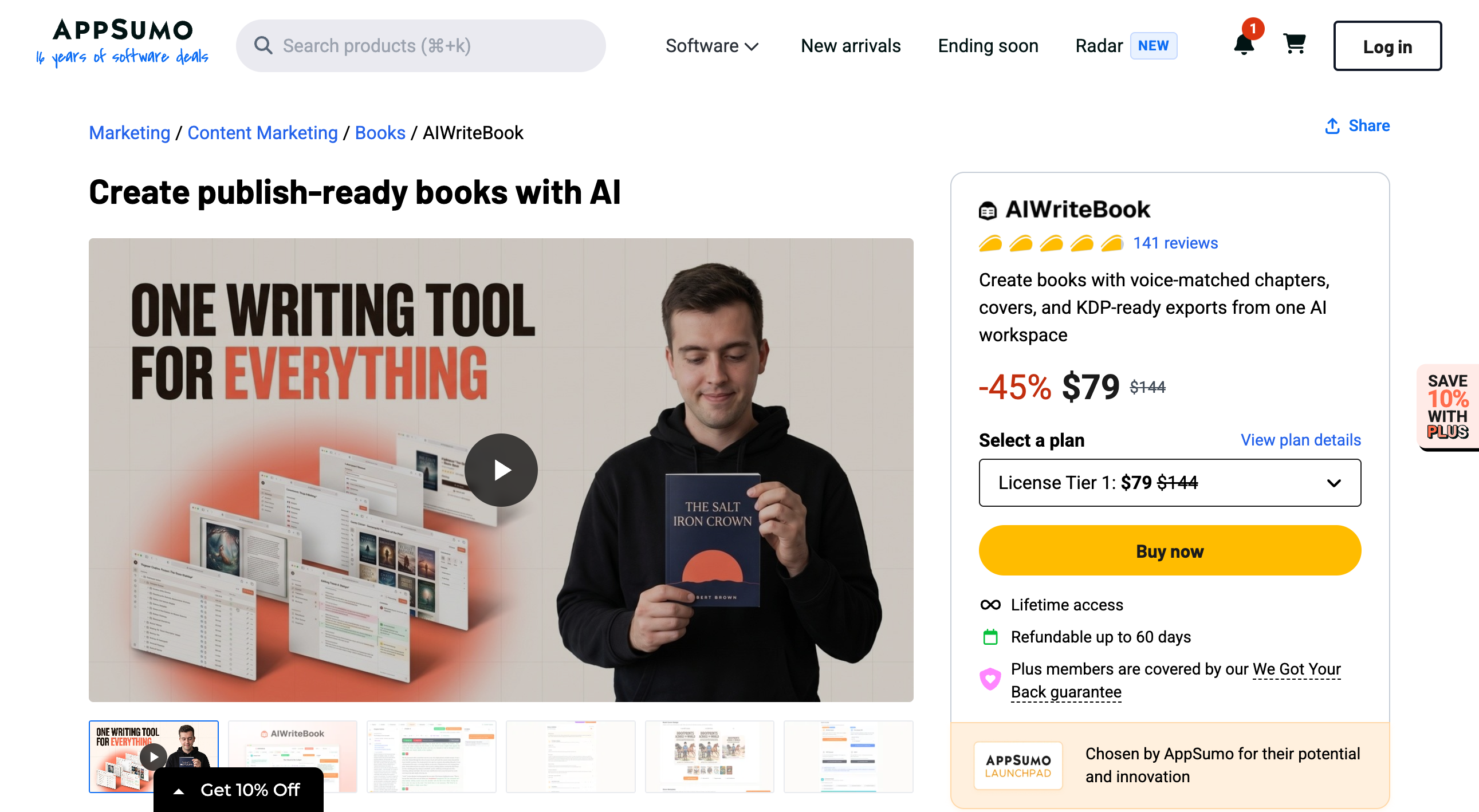 AIWriteBook AppSumo listing showing 141 reviews, a 45 percent discount to $79 from $144, the License Tier 1 selector, a Buy now button, lifetime access, a 60-day refund line and the AppSumo Launchpad badge