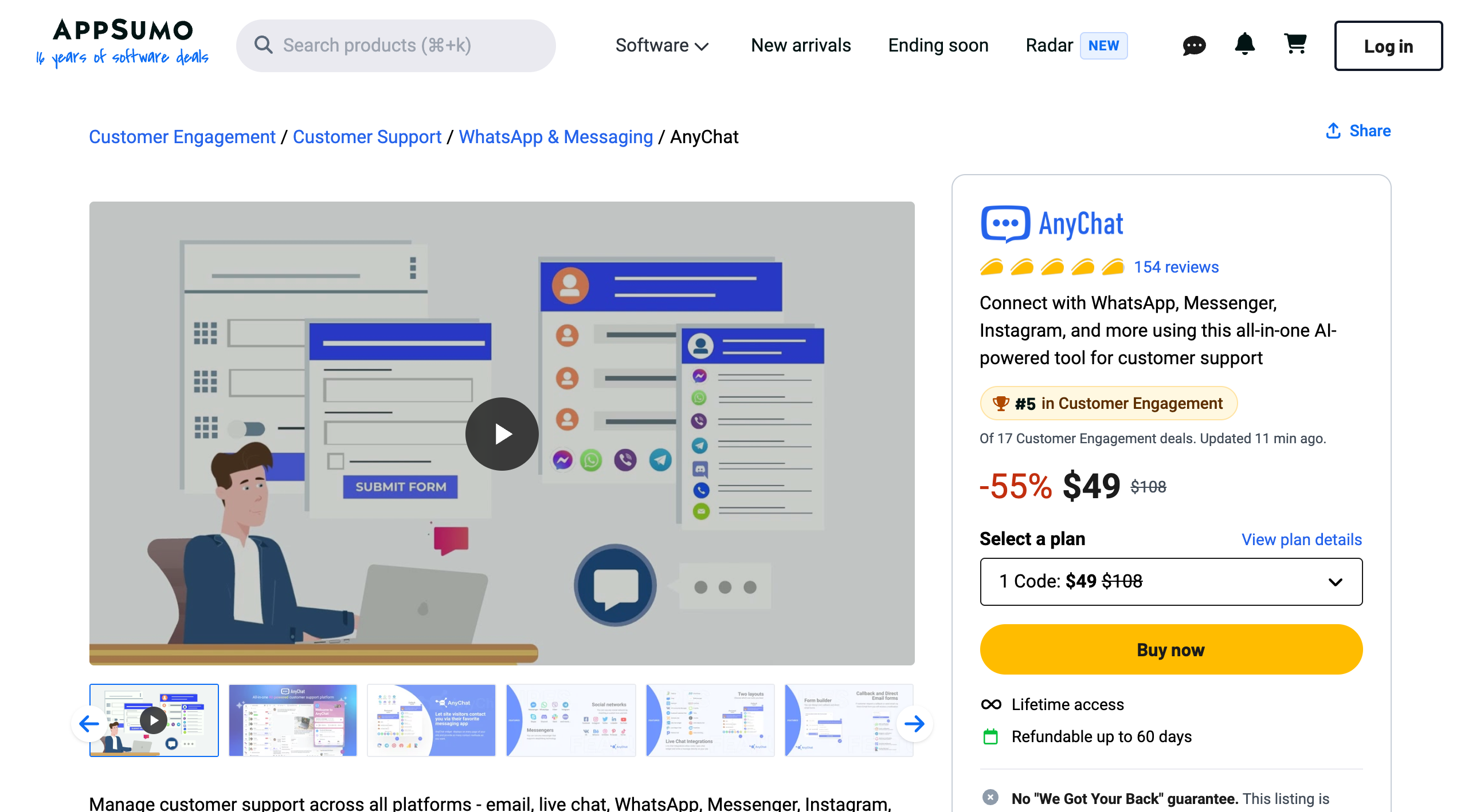 AnyChat AppSumo listing showing a 55 percent discount to $49 from $108, the 1 Code plan selector, 154 reviews, a Buy now button, and the partner-managed listing line