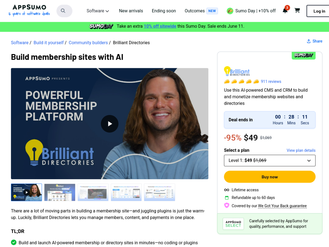 Brilliant Directories AppSumo listing showing the lifetime deal at $49 with 911 reviews at 4.94 stars