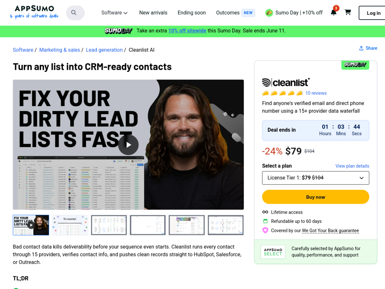 CleanList AI AppSumo listing showing five pricing tiers from $79 to $549