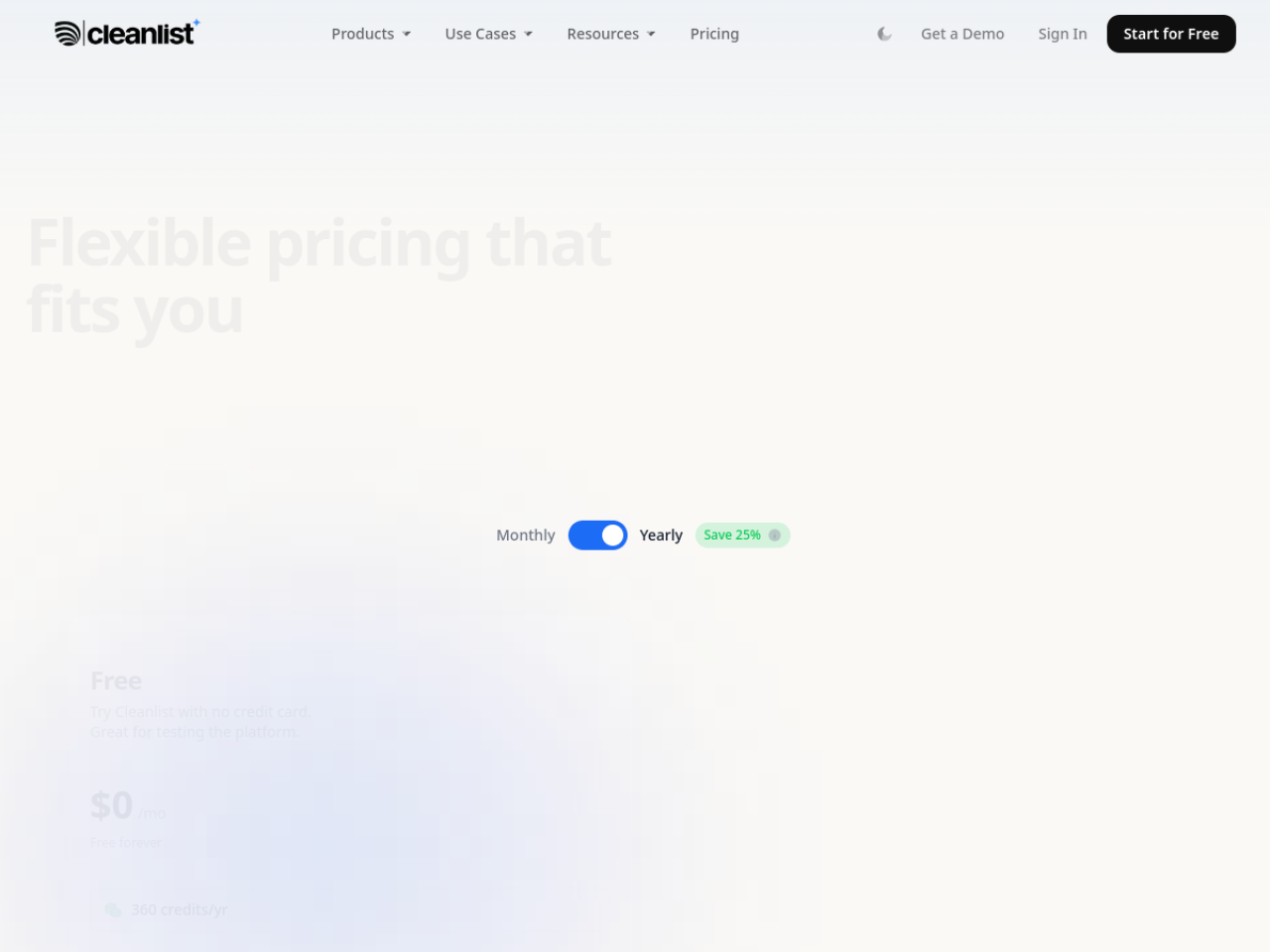 CleanList AI subscription pricing page showing Free, Starter, Pro and Scale plans