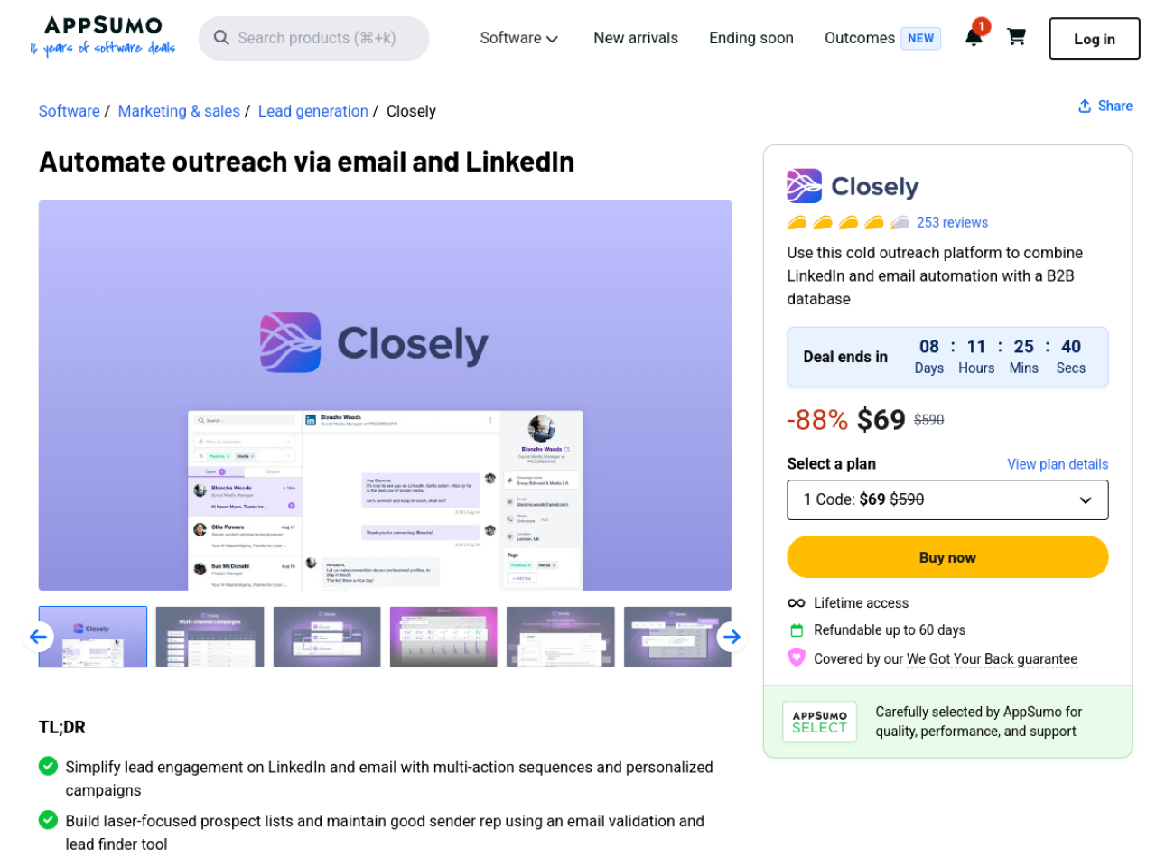 Closely AppSumo listing showing the live lifetime deal at $69, 88% off a $590 value, with a 4.2 rating across 253 reviews and a 60-day refund