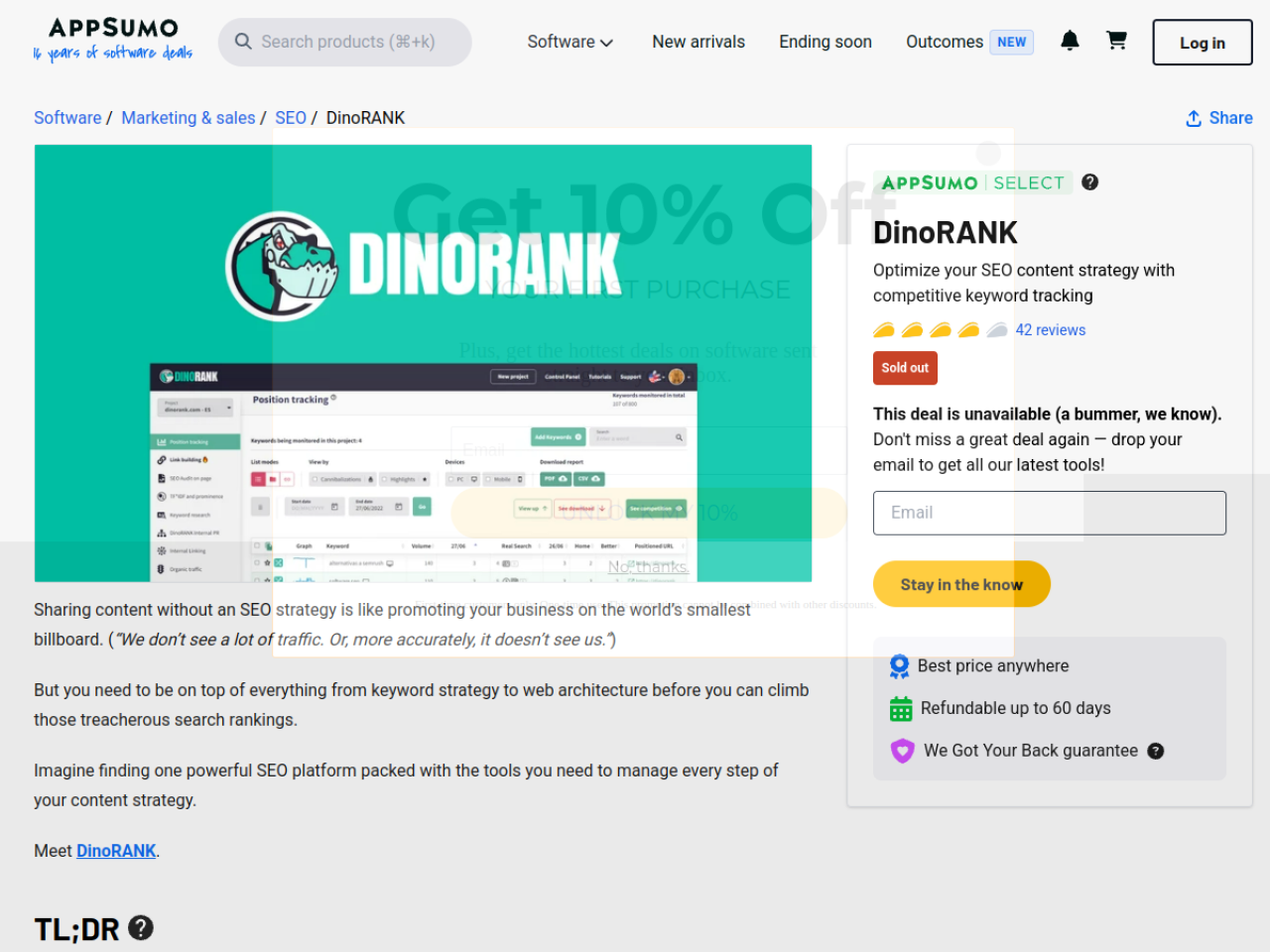 DinoRANK AppSumo listing showing the sold-out lifetime deal and the Spanish SEO suite positioning