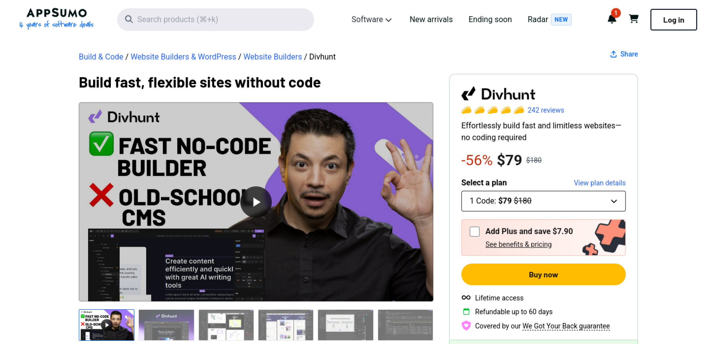 Divhunt AppSumo listing showing a 56 percent discount to $79 from a $180 anchor, the 1 Code plan selector, 242 reviews, lifetime access, 60-day refund and the AppSumo Select badge