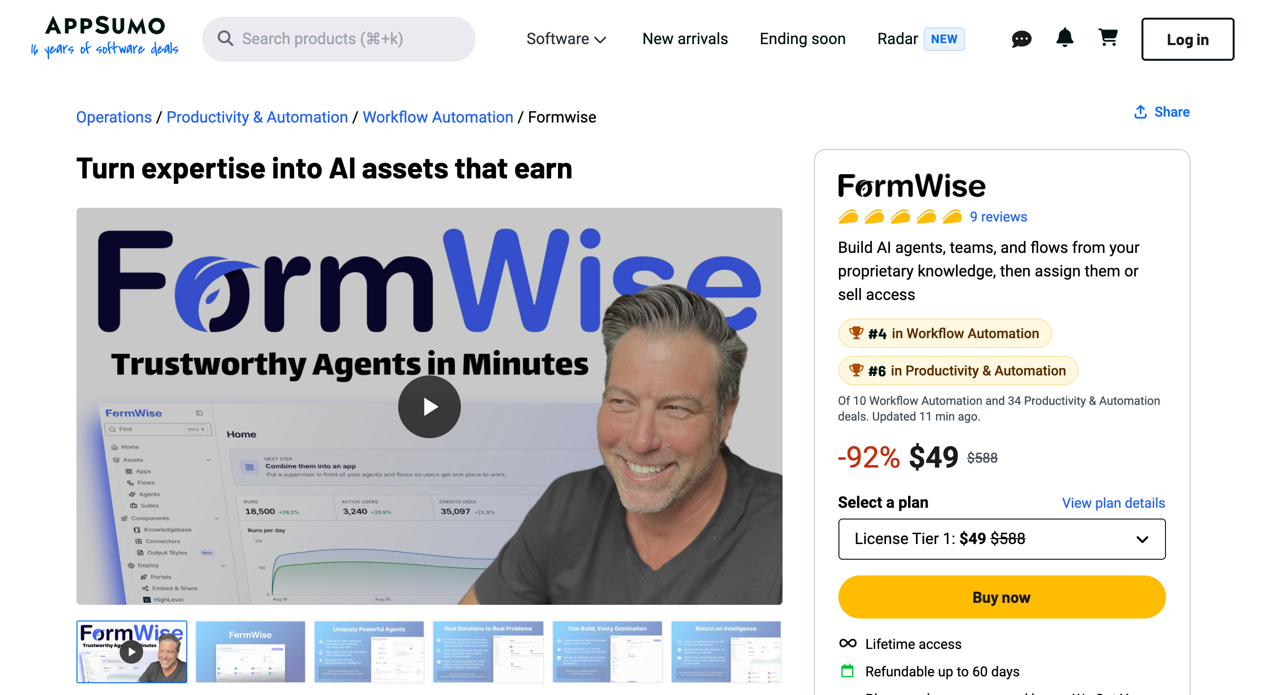 Formwise AppSumo listing showing a 92 percent discount to $49 from $588, the License Tier 1 selector, nine five-taco reviews, a Buy now button, and a 60-day refund line