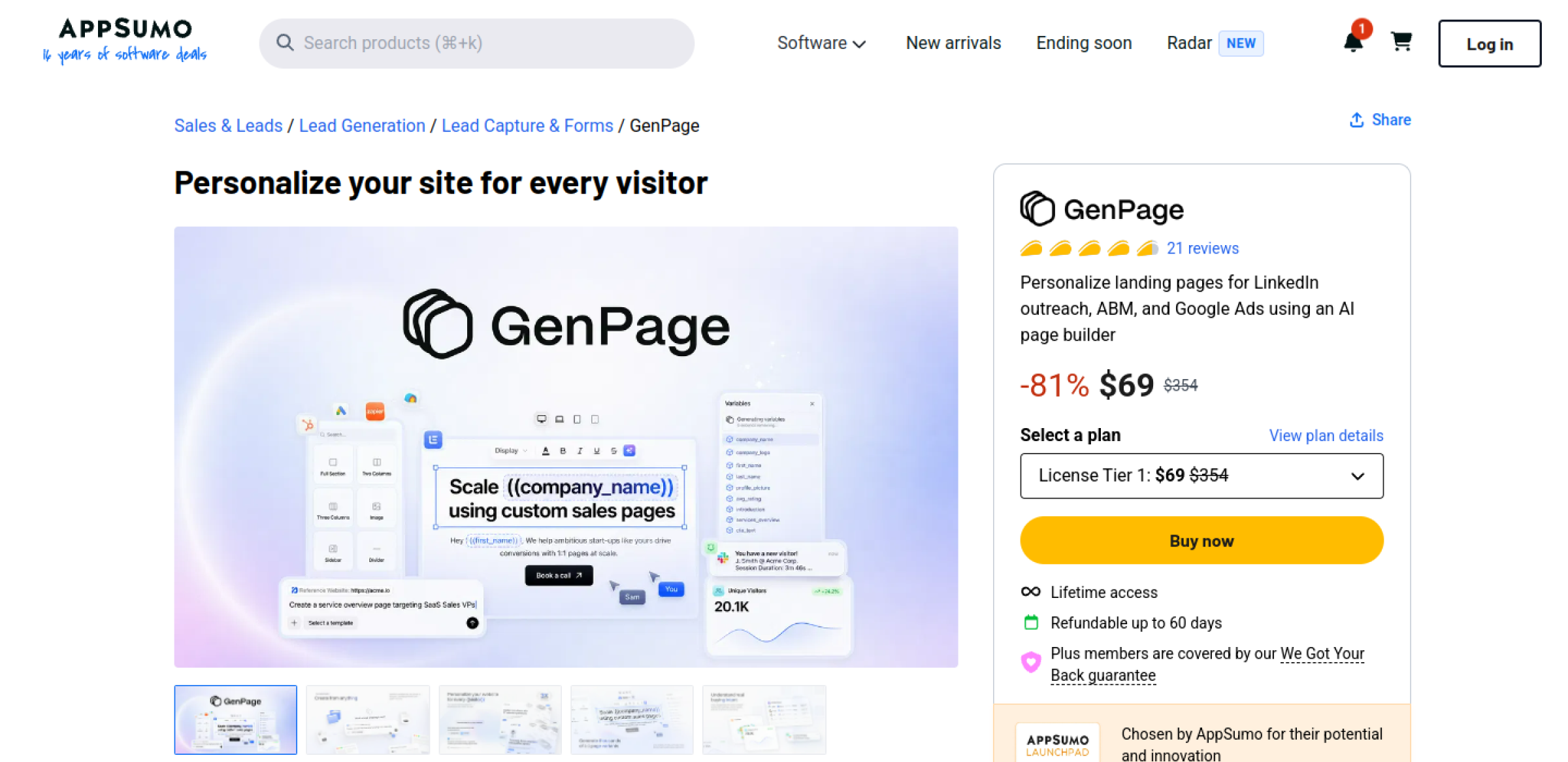 GenPage AppSumo listing showing an 81 percent discount to $69 from a $354 anchor, License Tier 1 in the plan selector, 21 reviews, lifetime access and a 60-day refund