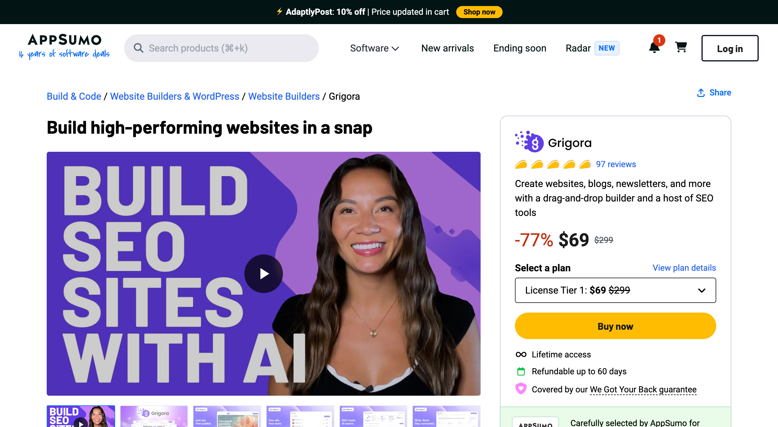 Grigora AppSumo listing showing 97 reviews, a 77 percent discount to $69 from $299, the License Tier 1 selector, a Buy now button, lifetime access and a 60-day refund line