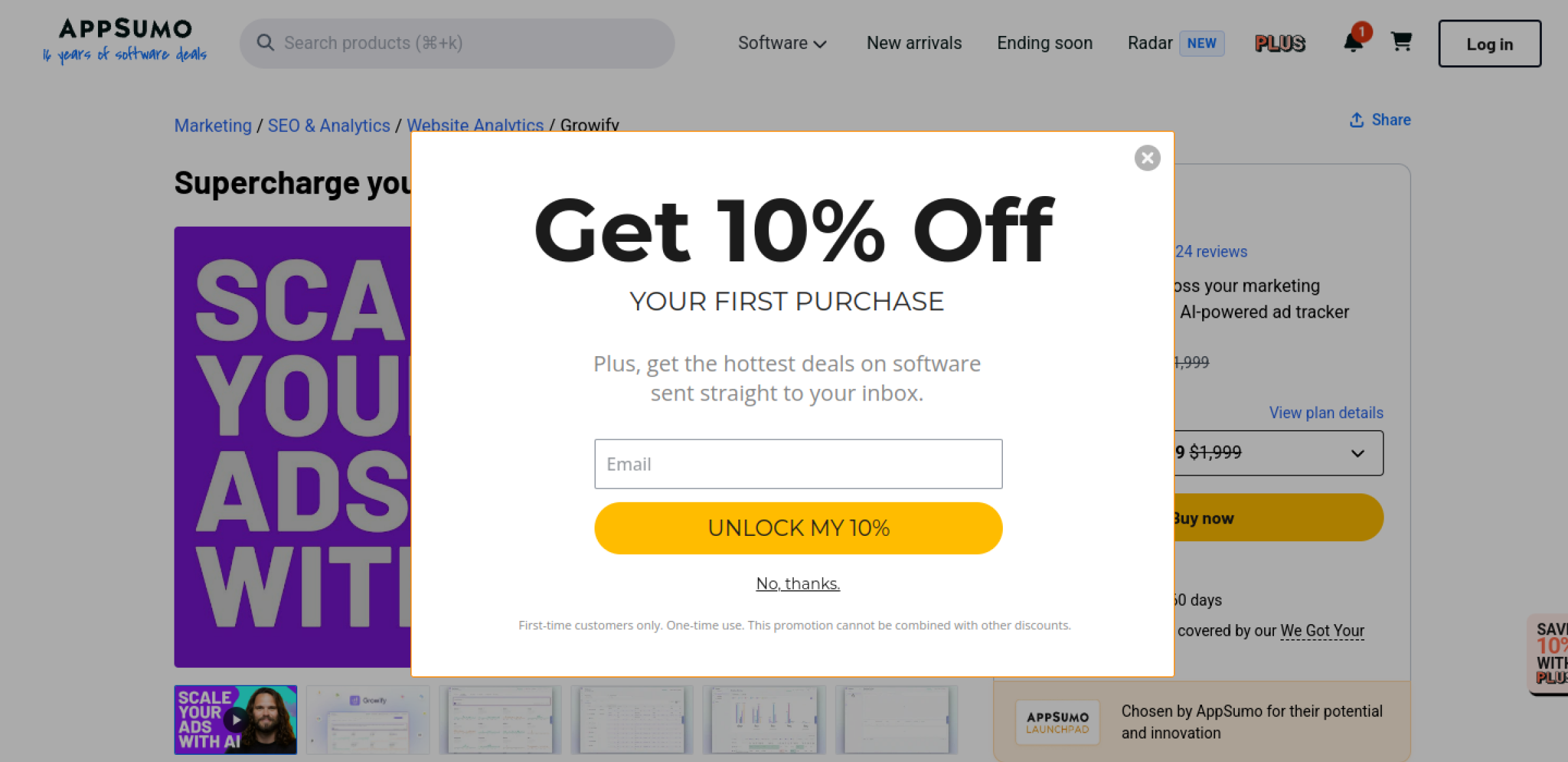 Growify AppSumo listing showing a 97 percent discount to $69 from a $1,999 anchor, License Tier 1 in the plan selector, 224 reviews, lifetime access and a 60-day refund
