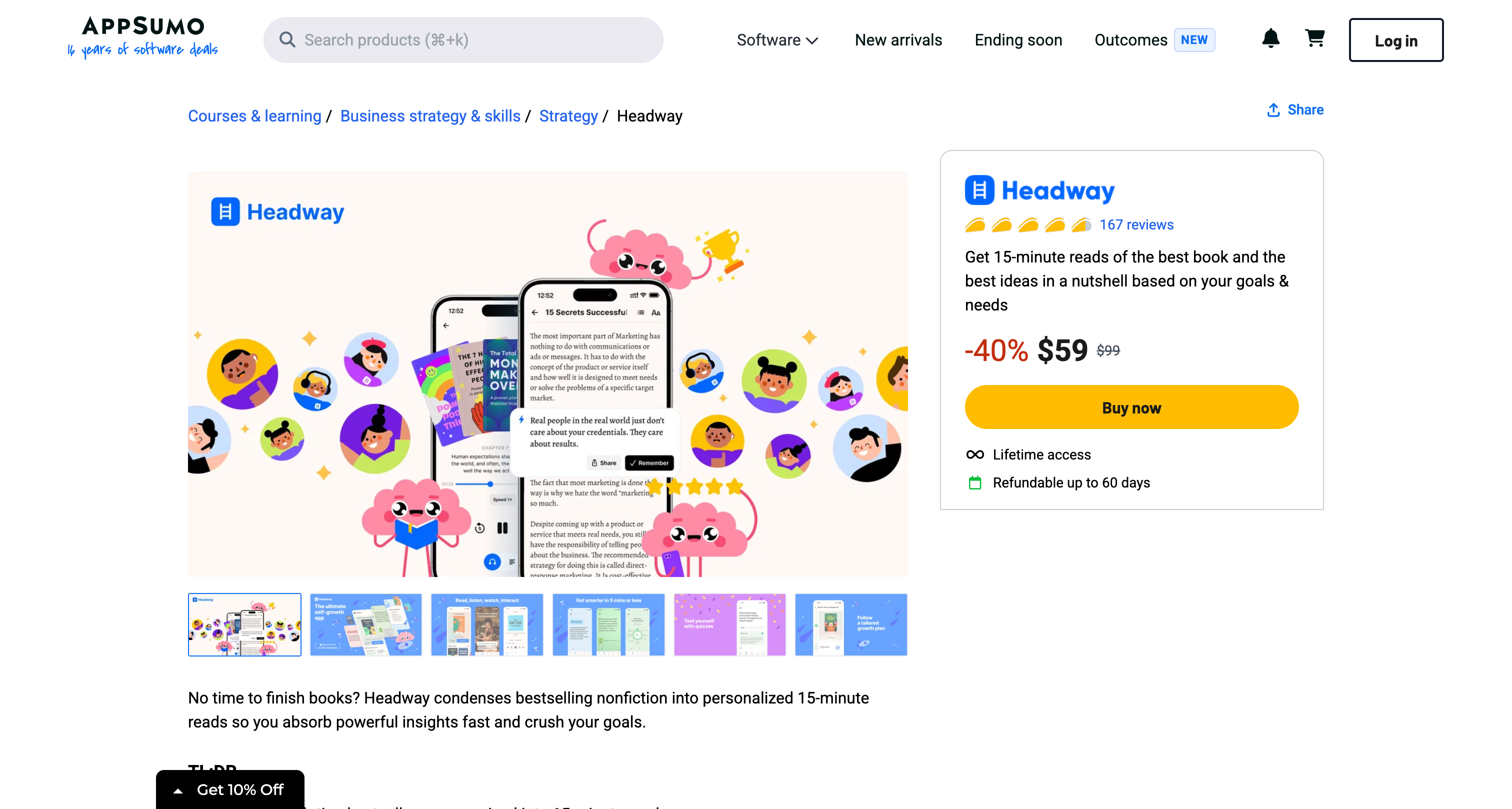 Headway AppSumo listing showing the Individual Plan at $59 one-time, $99 regular price, lifetime access, and 60-day refund language
