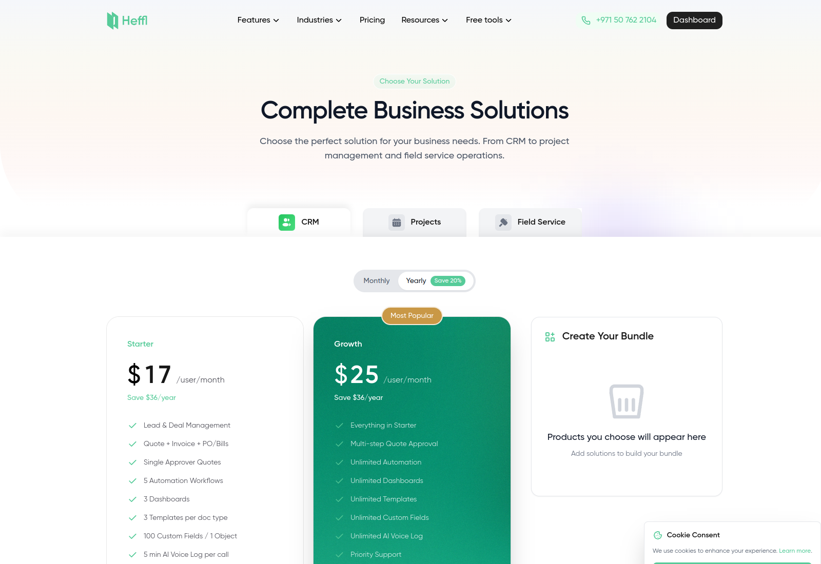 Heffl CRM pricing page showing the Starter plan at $17 per user per month, the Growth plan at $25 per user per month, a monthly and yearly billing toggle, and separate CRM, Projects, and Field Service modules