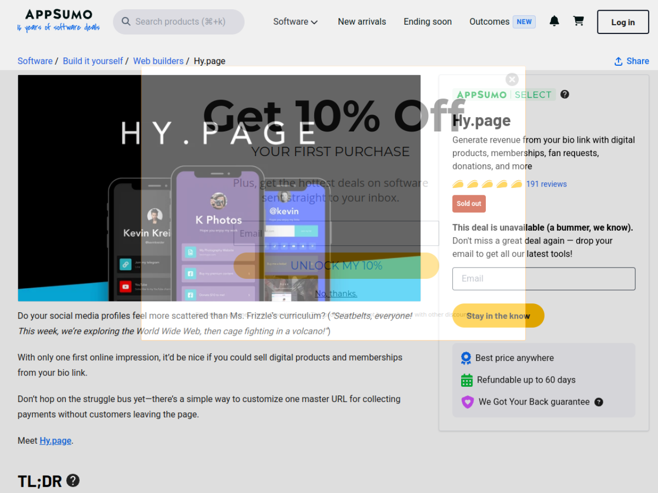 Hypage AppSumo listing showing the sold-out lifetime deal and the link-in-bio creator microsite positioning