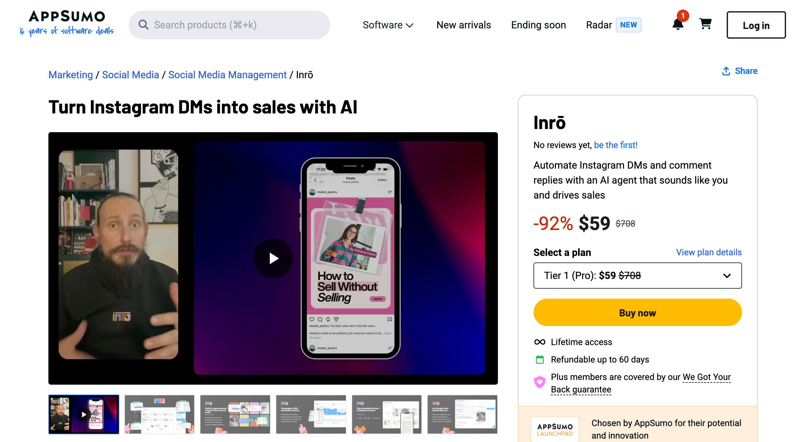 Inrō AppSumo listing showing a 92 percent discount to $59 from $708, the Tier 1 (Pro) selector, a Buy now button, lifetime access, a 60-day refund line and the AppSumo Launchpad badge