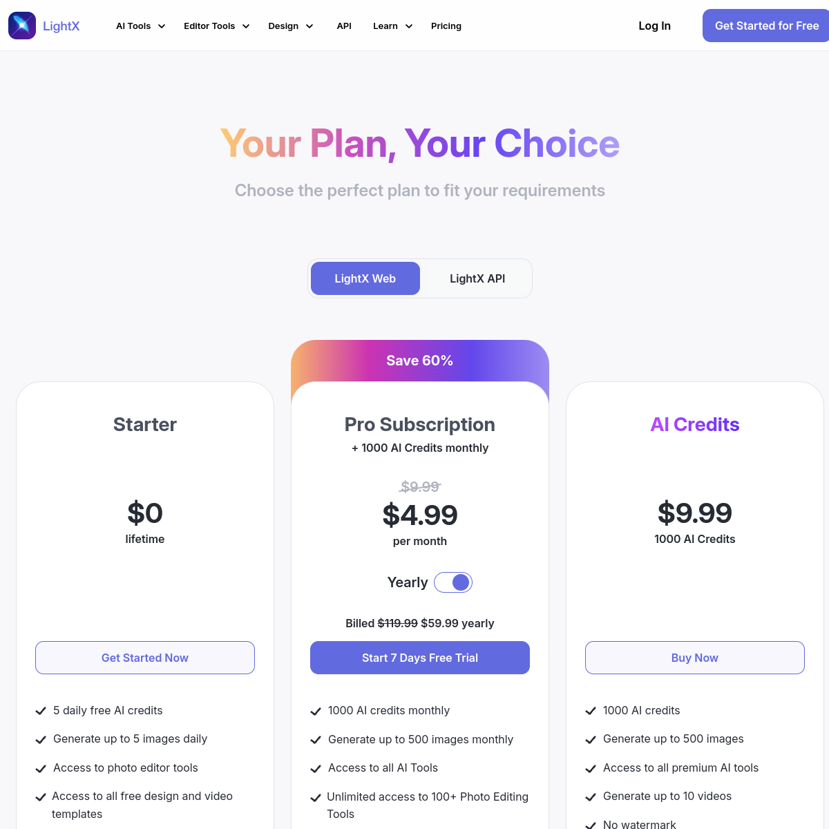 LightX web pricing page showing free Starter plan, Pro subscription at $4.99 per month yearly, and one-time AI credit packs at $9.99 per 1,000 credits