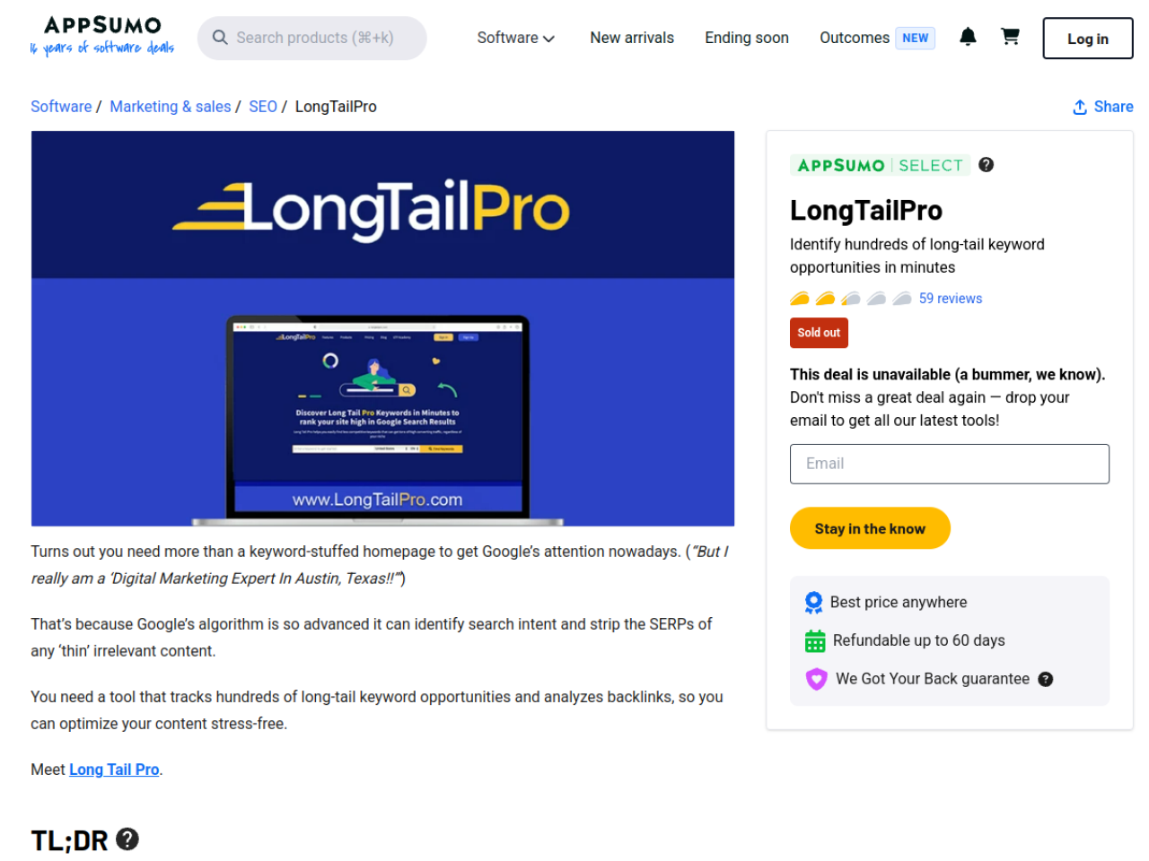 LongTailPro AppSumo listing showing the sold-out lifetime deal and the identify-hundreds-of-long-tail-keyword-opportunities-in-minutes positioning