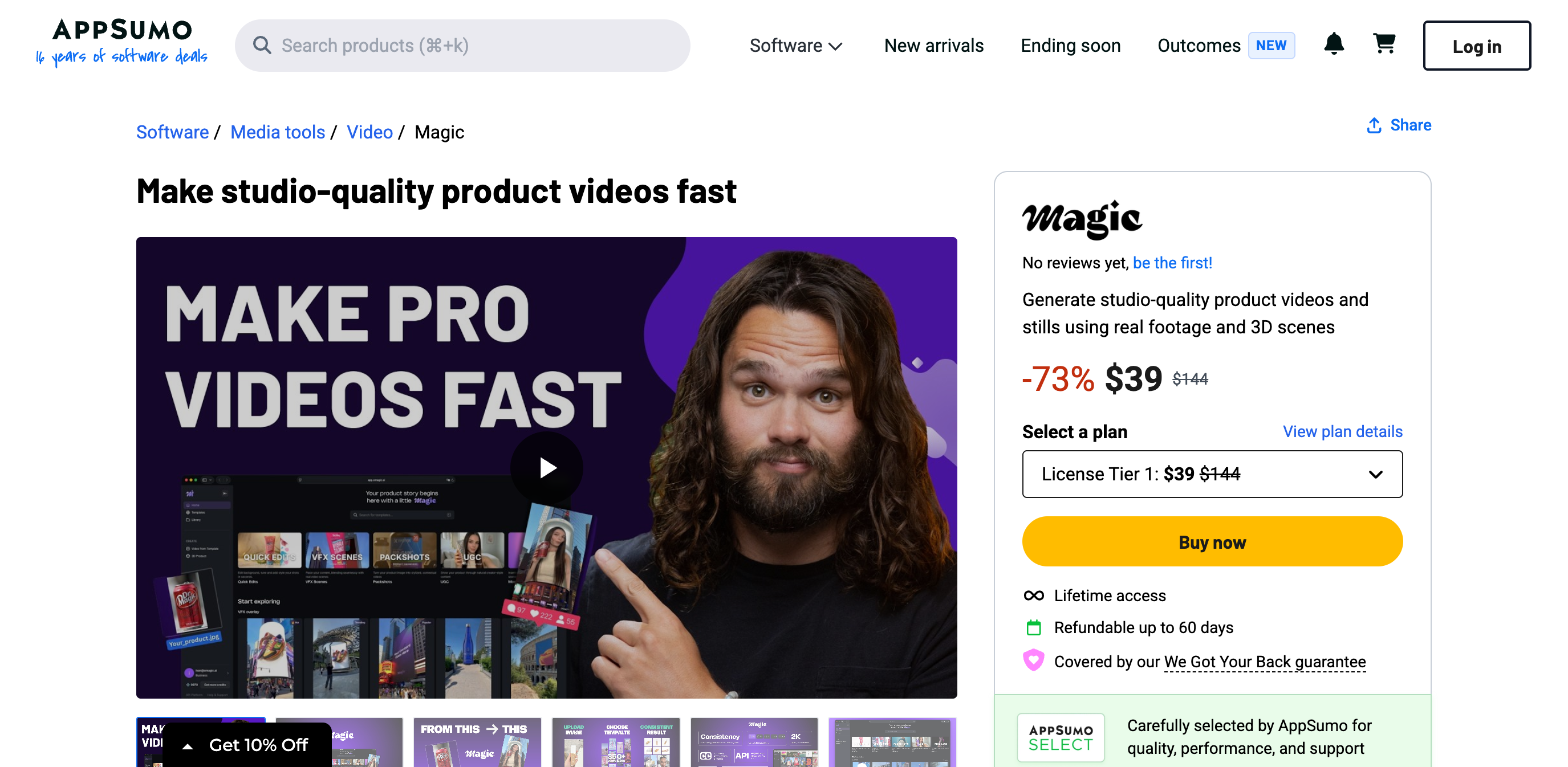 Magic AppSumo listing showing License Tier 1 at $39, $144 regular price, lifetime access, 60-day refund, and We Got Your Back guarantee