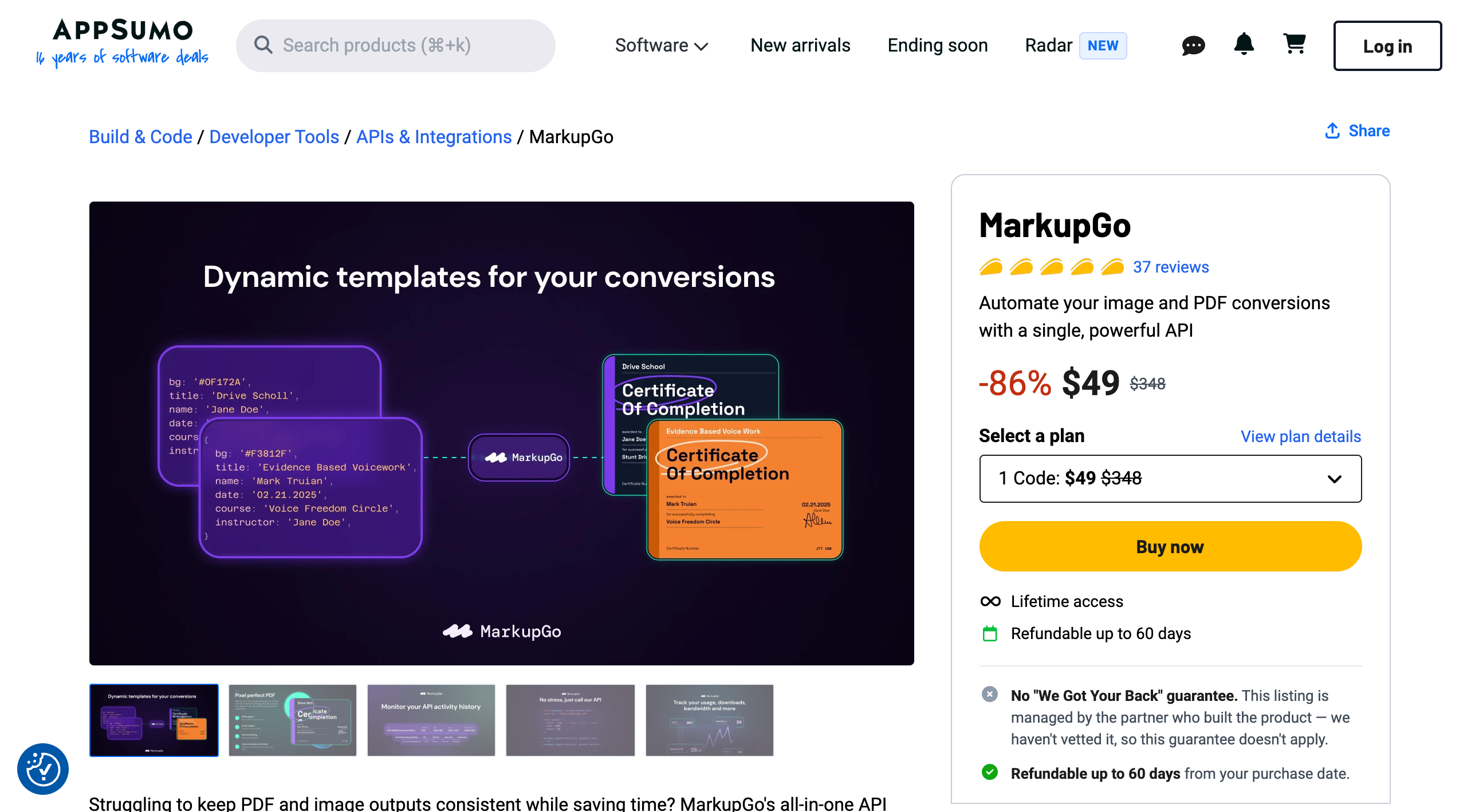 MarkupGo AppSumo listing showing an 86 percent discount to $49 from $348, the 1 Code plan selector, 37 five-taco reviews, and the line that the partner-managed listing has no We Got Your Back guarantee
