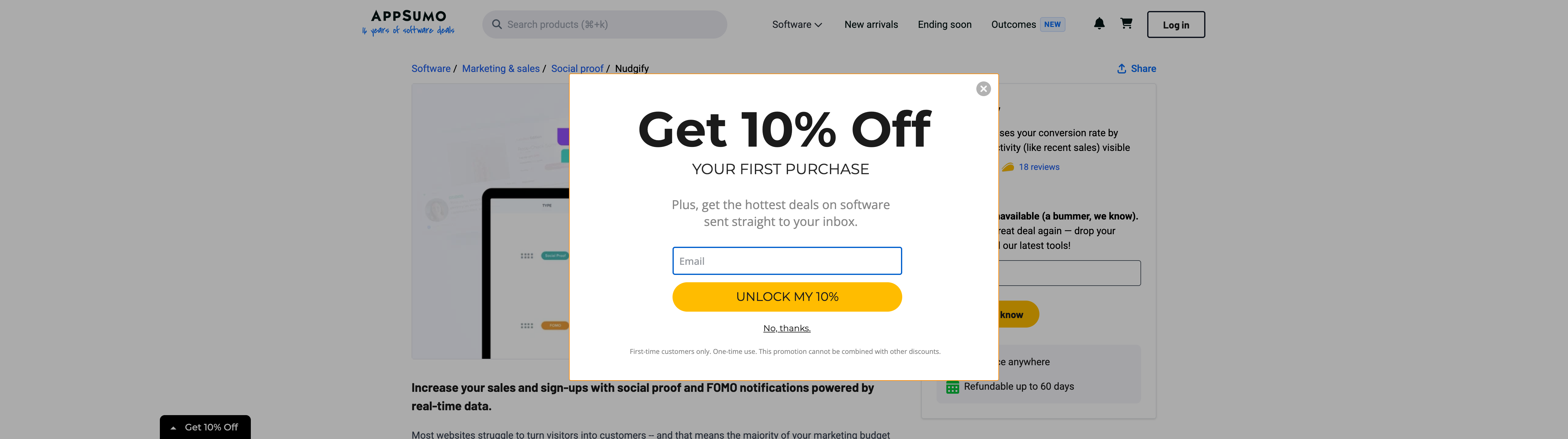 Nudgify AppSumo listing showing lifetime access, 60-day redemption, 60-day refund, and 1-code, 3-code, and 9-code stacking information