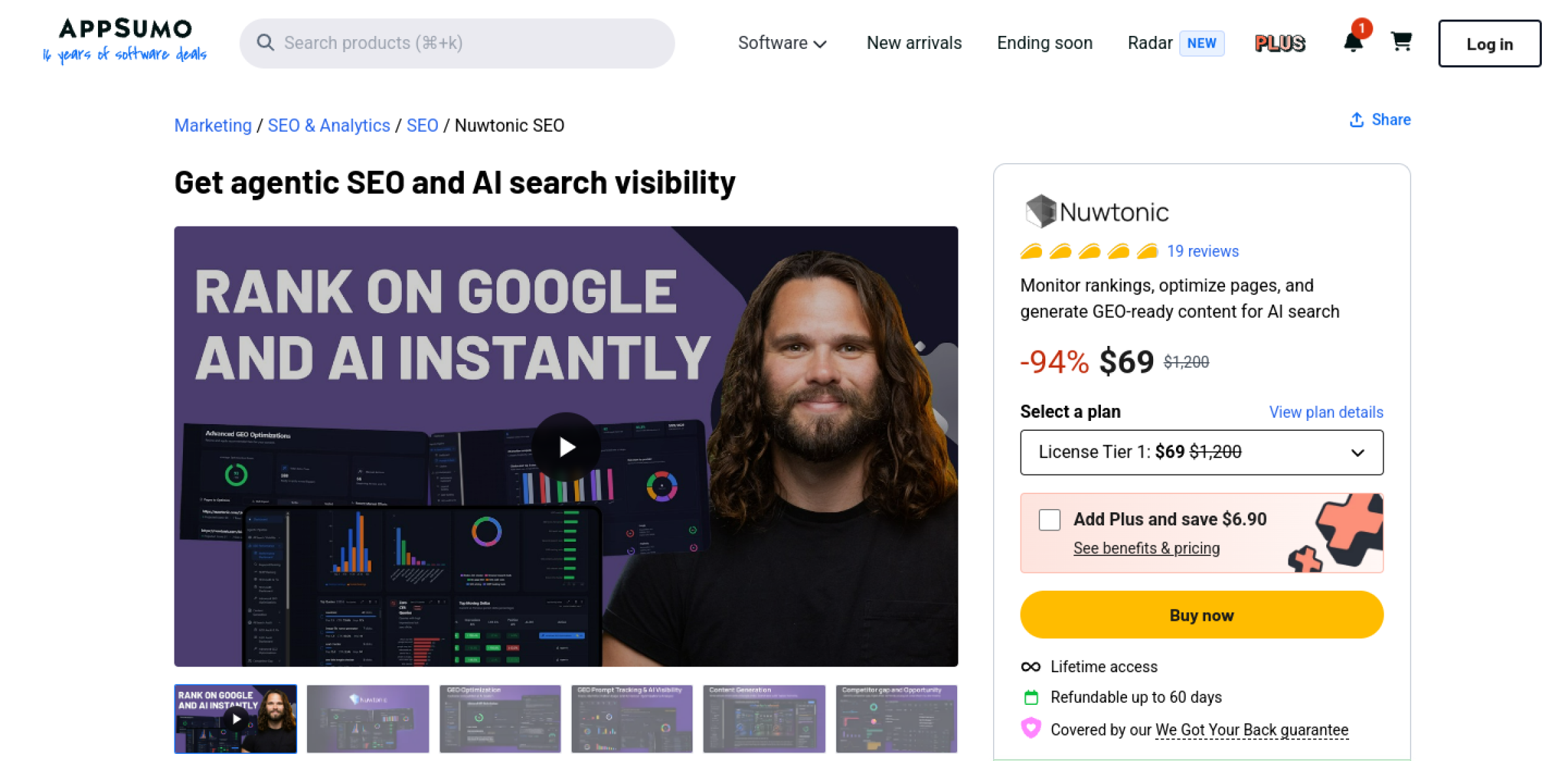 Nuwtonic AppSumo listing showing a 94 percent discount to $69 from a $1,200 anchor, License Tier 1 in the plan selector, 19 reviews, lifetime access and a 60-day refund