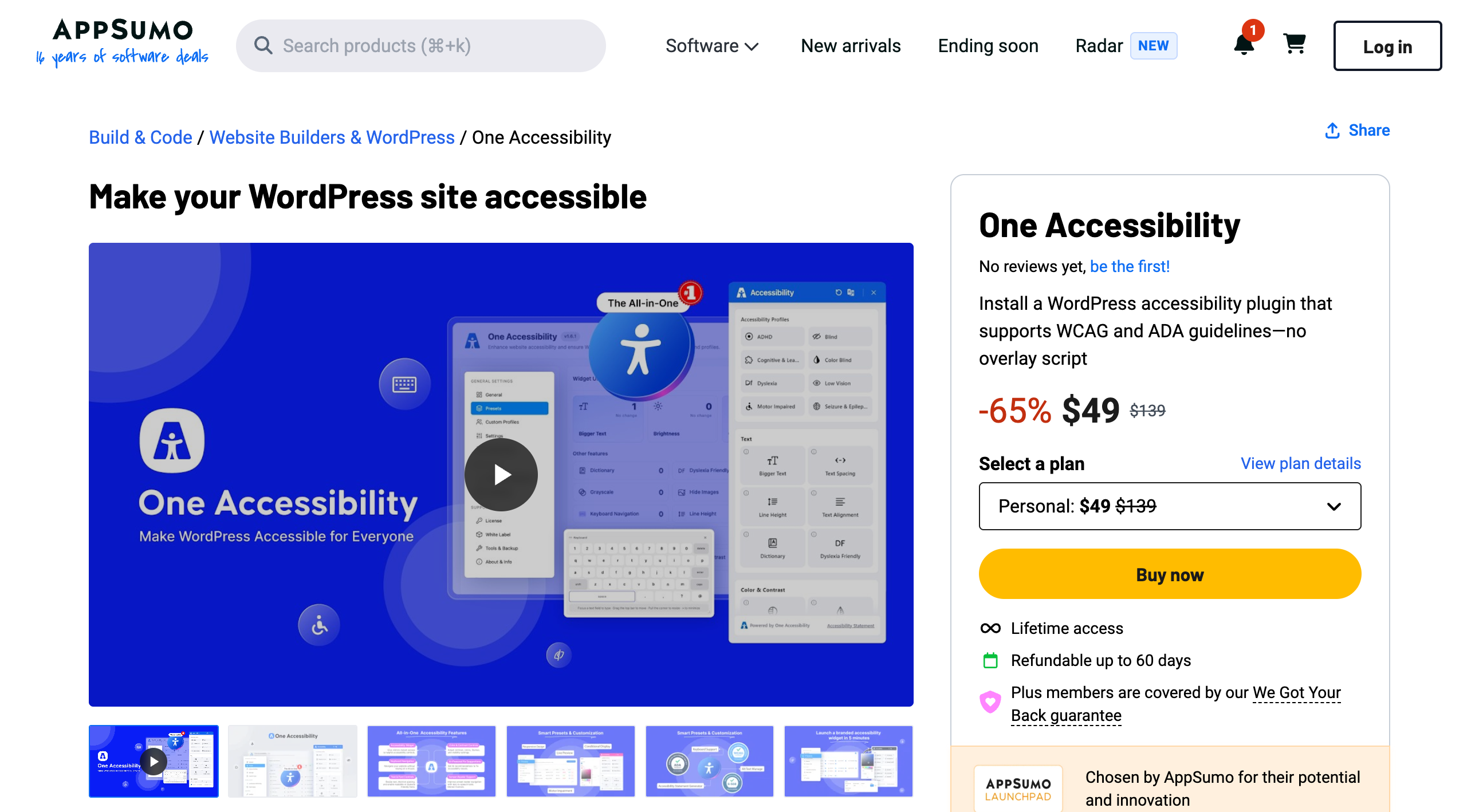 One Accessibility AppSumo listing showing a 65 percent discount to $49 from $139, the Personal plan selector, a Buy now button, lifetime access, a 60-day refund line and the AppSumo Launchpad badge