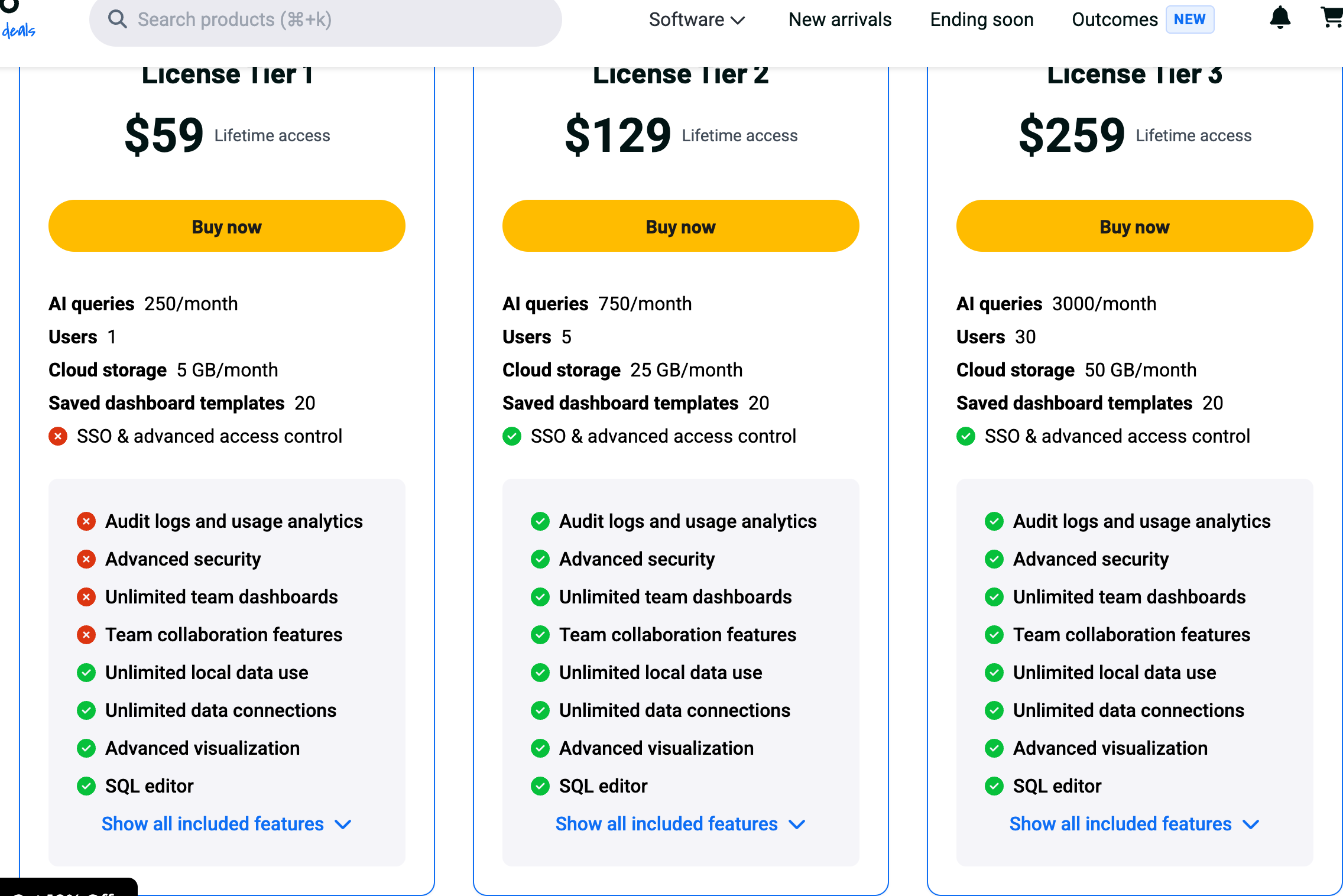 OrcaSheets AppSumo pricing showing License Tier 1 at $59, Tier 2 at $129 marked Recommended, and Tier 3 at $259, with AI query, user, and storage limits per tier
