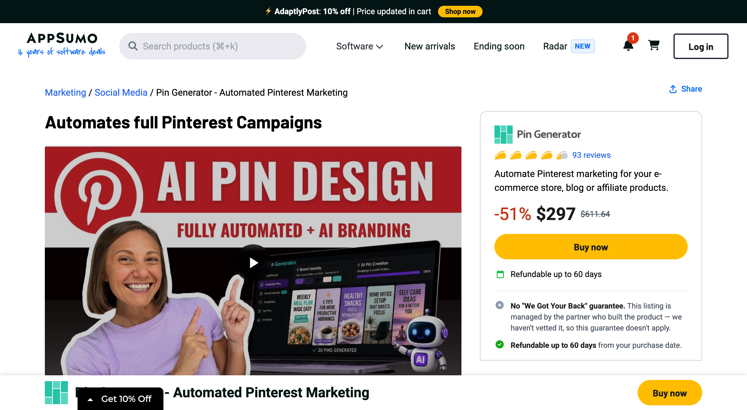 Pin Generator AppSumo listing showing 93 reviews, a 51 percent discount to $297 from $611.64, a Buy now button, a 60-day refund line and a note that the We Got Your Back guarantee does not apply because the partner manages the listing