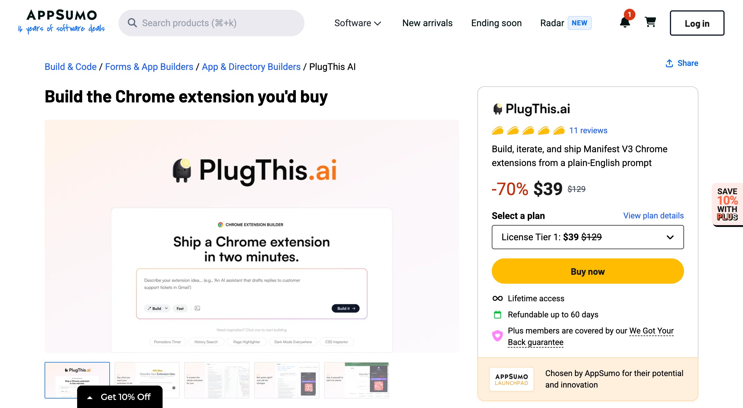 PlugThis AI AppSumo listing headlined Build the Chrome extension you'd buy, showing 11 reviews, a 70 percent discount to $39 from $129, the License Tier 1 selector, a Buy now button, lifetime access and a 60-day refund