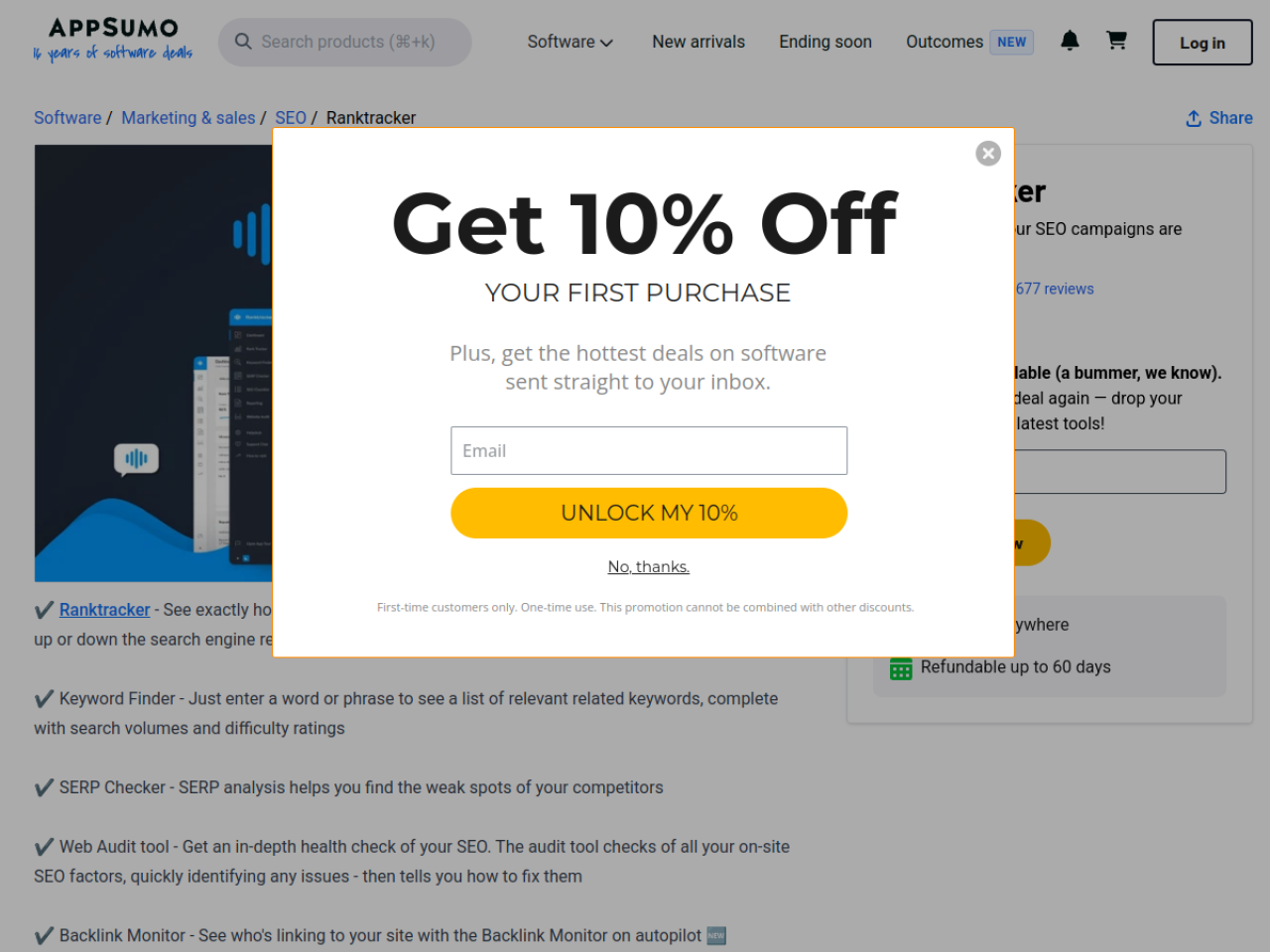 RankTracker AppSumo listing showing the sold-out lifetime deal and the all-in-one SEO platform positioning with keyword finder, rank tracker, SERP checker, and web audit