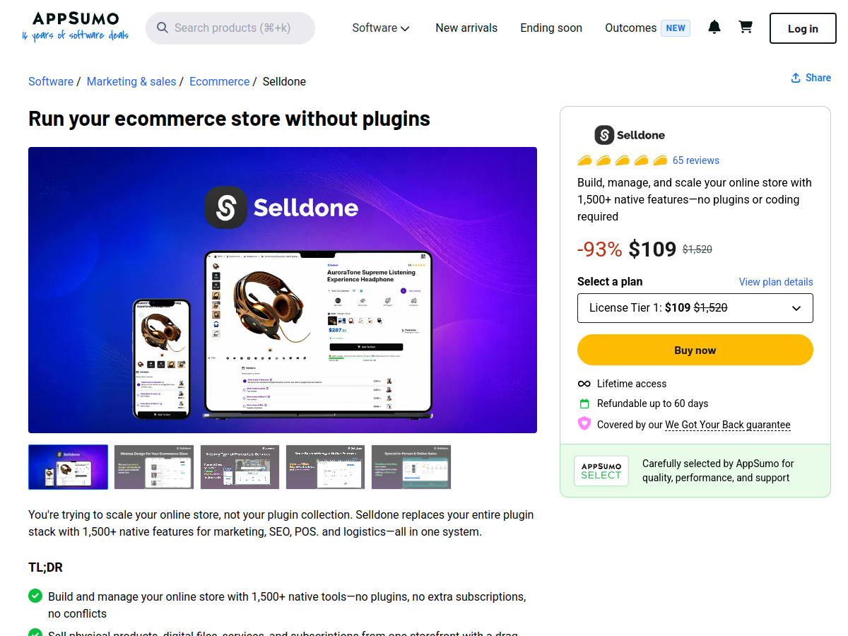 Selldone AppSumo listing showing the seven-tier LTD with prices from $109 to $2,299