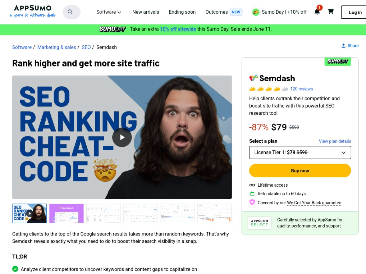 Semdash AppSumo listing showing License Tier 1 at 79 dollars struck from 590 with AppSumo Select badge