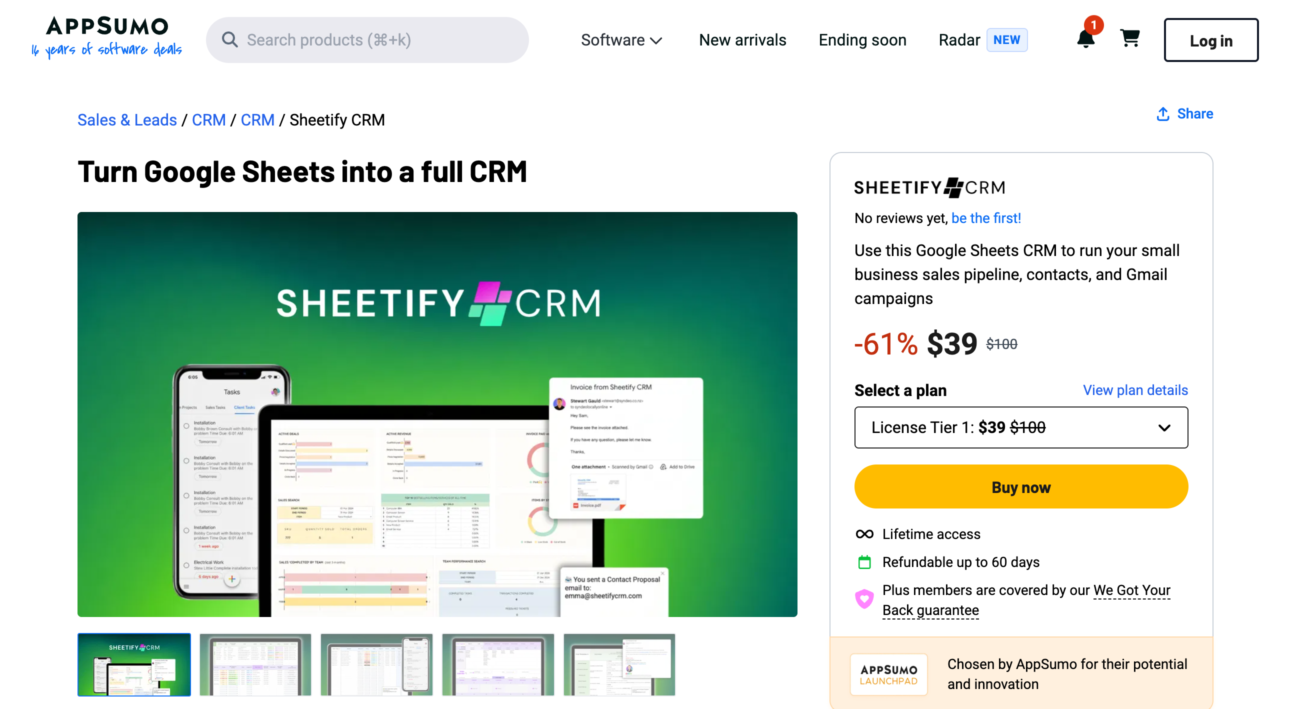 Sheetify CRM AppSumo listing showing a 61 percent discount to $39 from $100, the License Tier 1 selector, a Buy now button, lifetime access, a 60-day refund line and the AppSumo Launchpad badge