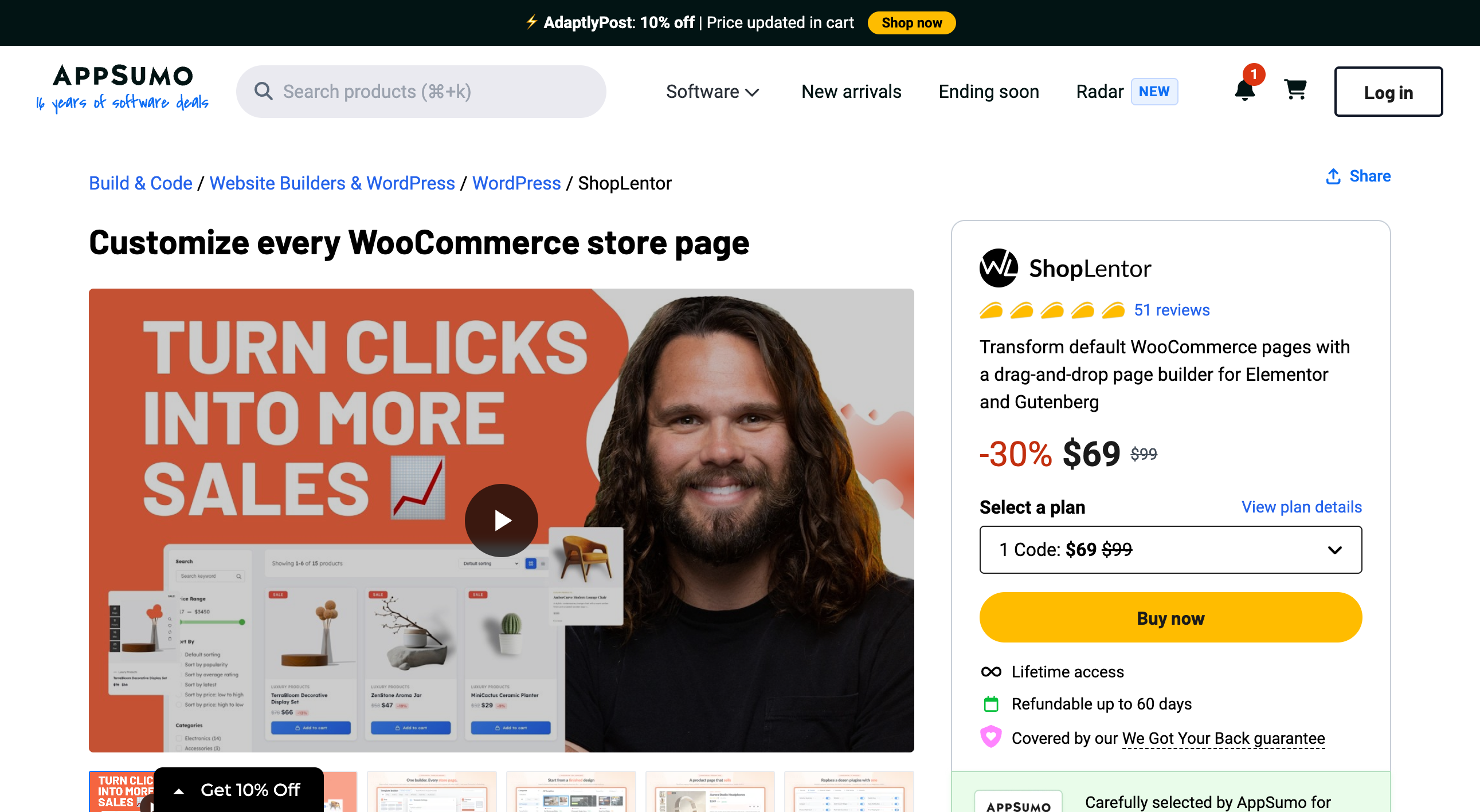 ShopLentor AppSumo listing showing 51 reviews, a 30 percent discount to $69 from $99, the 1 Code plan selector, a Buy now button, lifetime access and a 60-day refund line