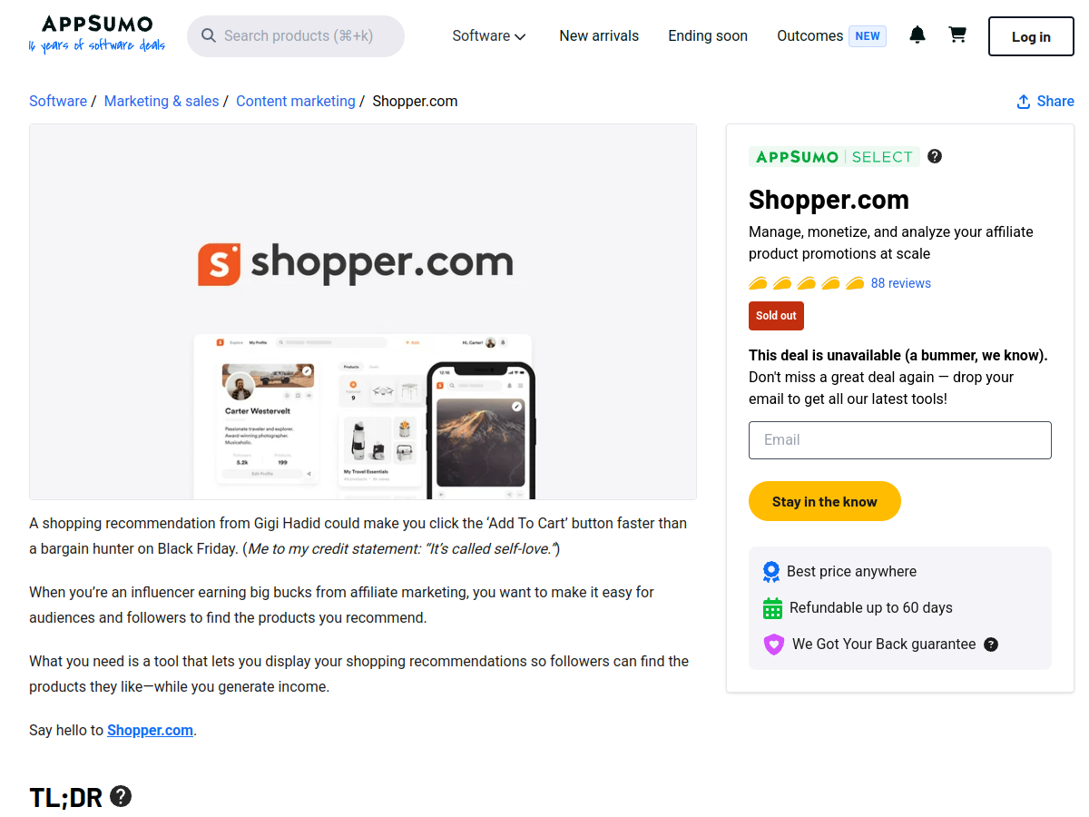 Shopper.com AppSumo listing showing the sold-out state of the original affiliate-storefront LTD