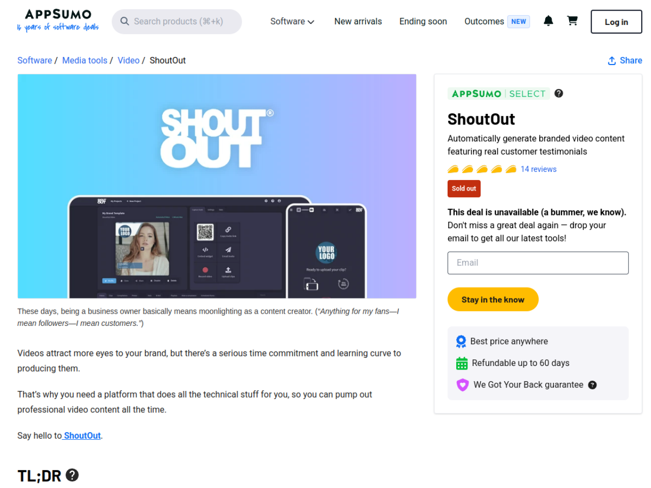 ShoutOut AppSumo listing showing the sold-out lifetime deal and the AI-generated branded testimonial video positioning
