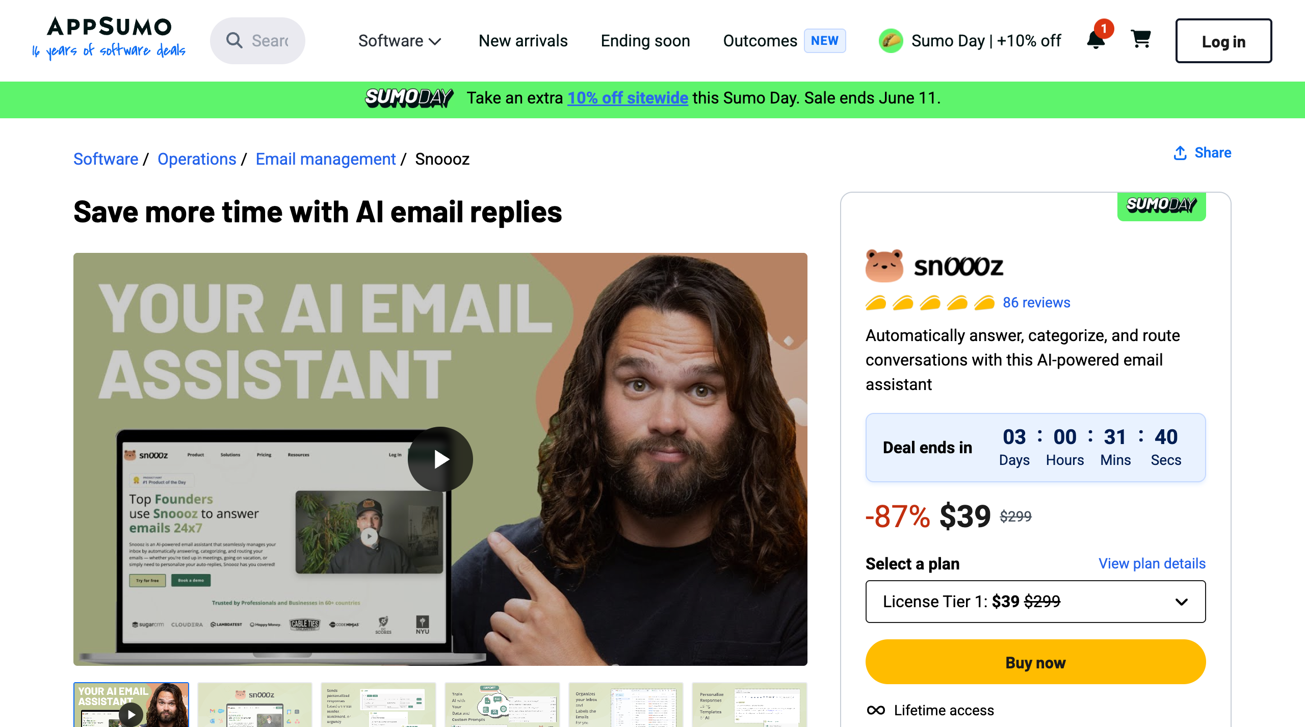 Snoooz AppSumo listing showing the AI email assistant tagline, lifetime access, and the Tier 1 price at $39 reduced from $299