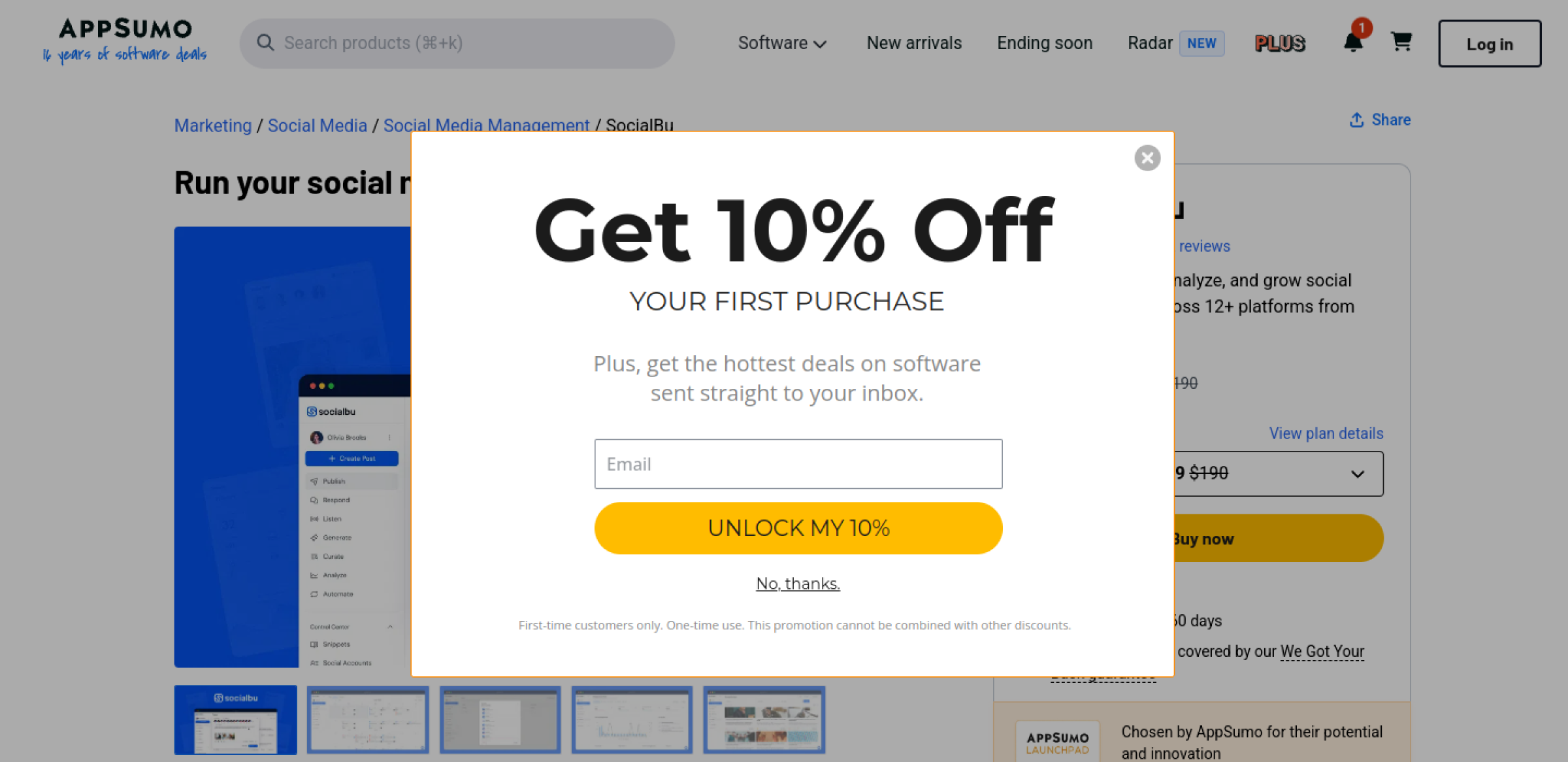 SocialBu AppSumo listing showing a 74 percent discount to $49 from a $190 anchor, License Tier 1 in the plan selector, 2 reviews, lifetime access and a 60-day refund