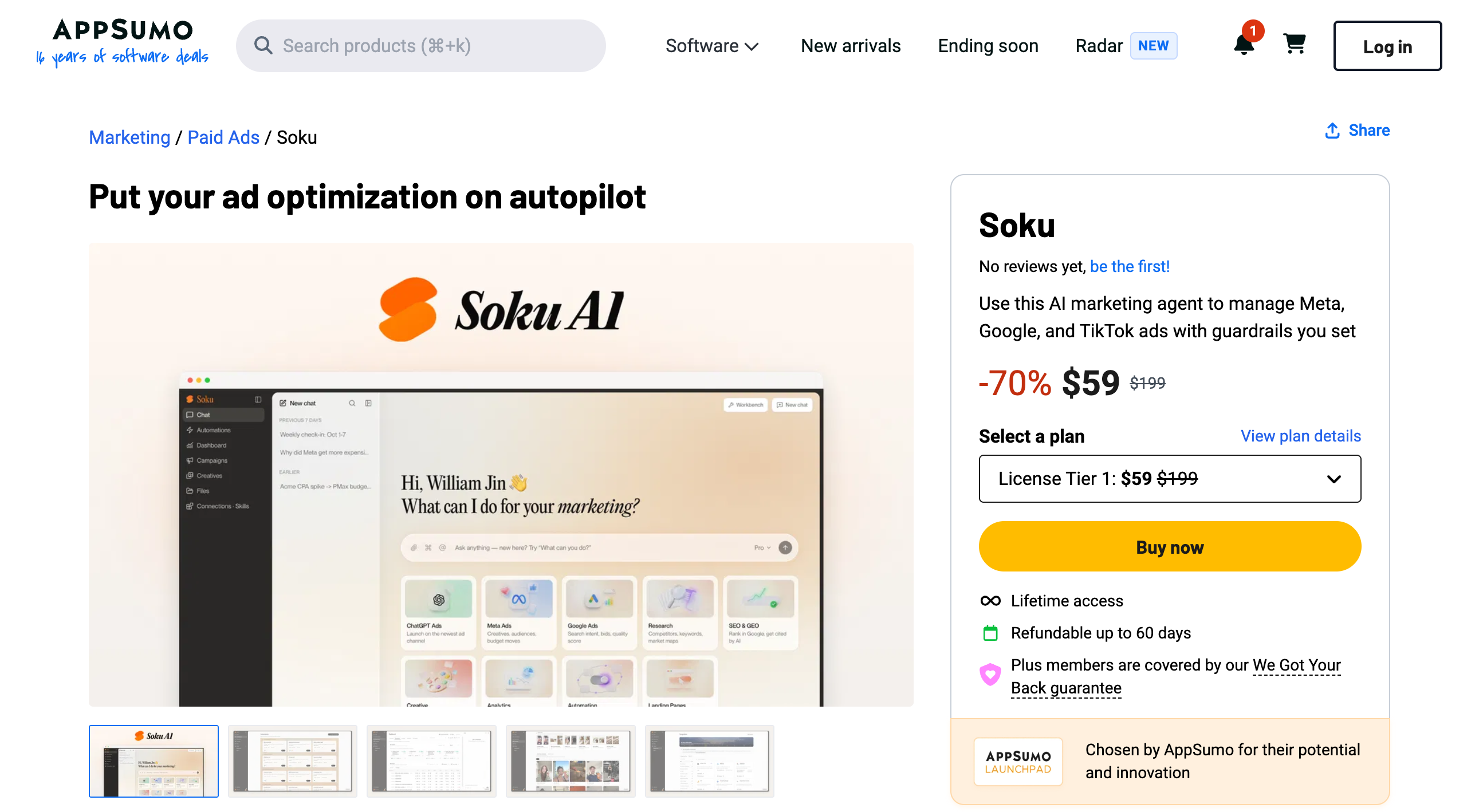 Soku AppSumo listing showing a 70 percent discount to $59 from $199, the License Tier 1 selector, a Buy now button, lifetime access, a 60-day refund line and the AppSumo Launchpad badge