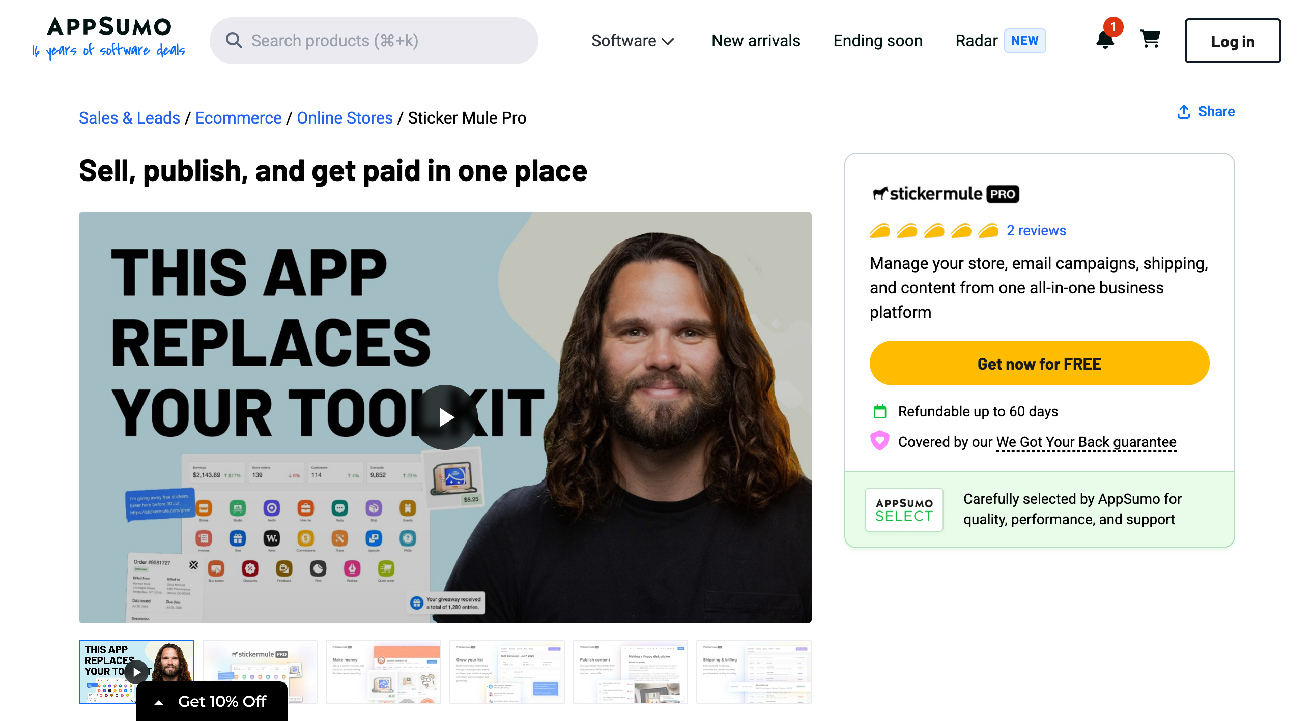Sticker Mule Pro AppSumo listing showing a $0 price for 1 year of access, a Get now for FREE button, 2 reviews at 5 tacos, a 60-day refund line and the AppSumo Select badge