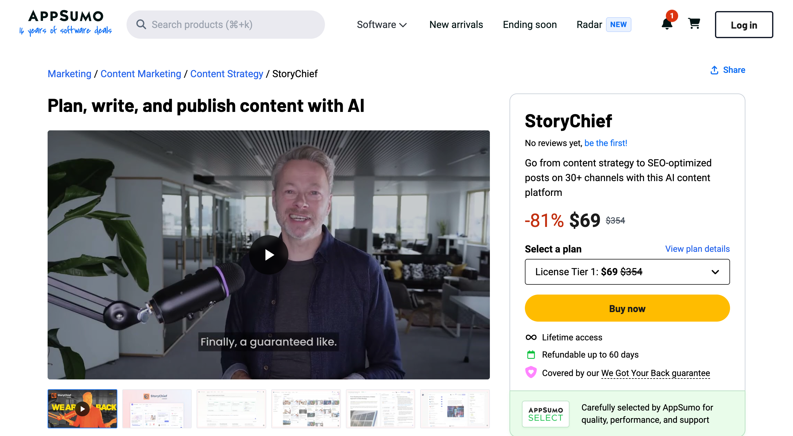 StoryChief AppSumo listing showing an 81 percent discount to $69 from $354, the License Tier 1 selector, a Buy now button, lifetime access, a 60-day refund line and the AppSumo Select badge