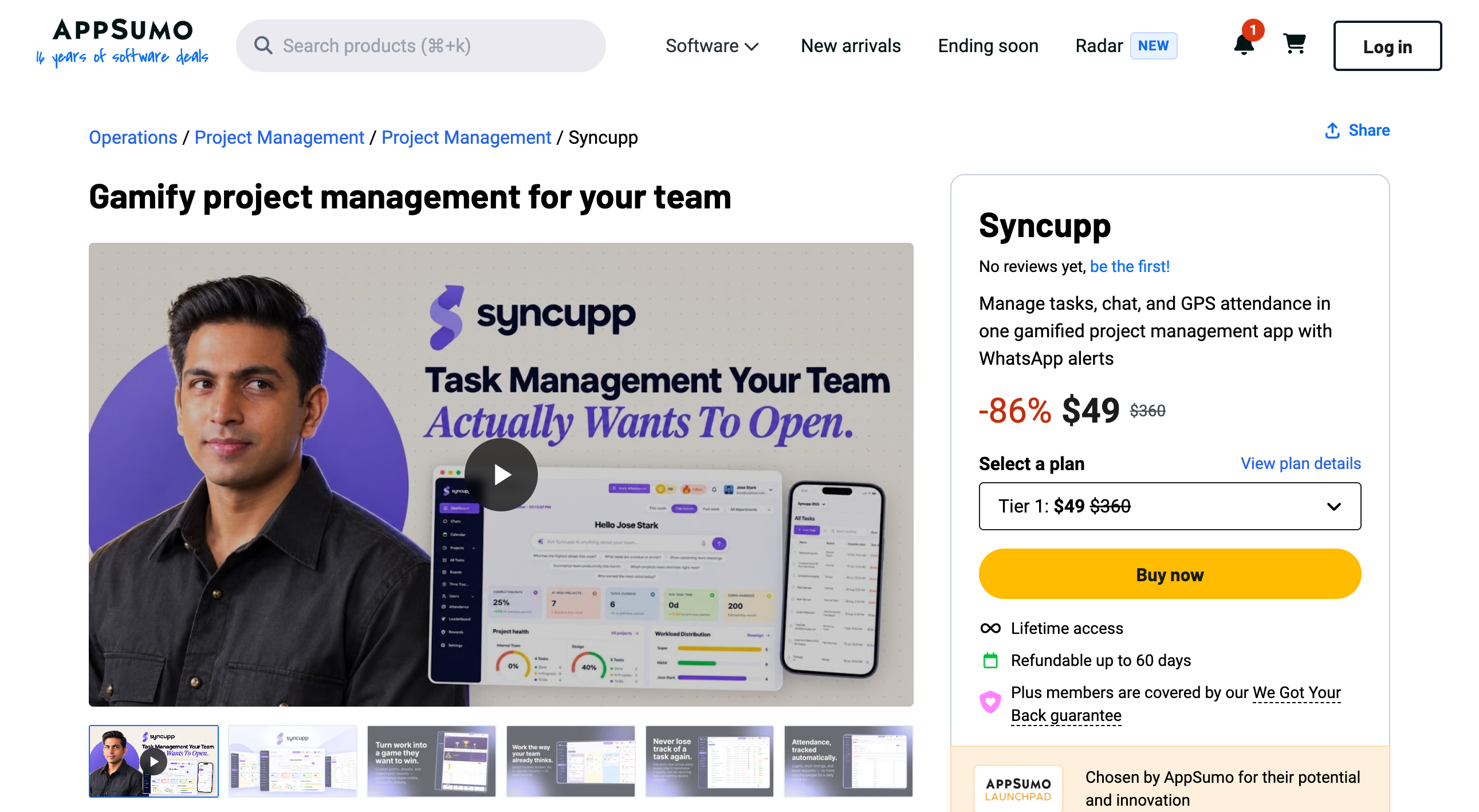 Syncupp AppSumo listing showing an 86 percent discount to $49 from $360, the Tier 1 selector, a Buy now button, lifetime access, a 60-day refund line and the AppSumo Launchpad badge