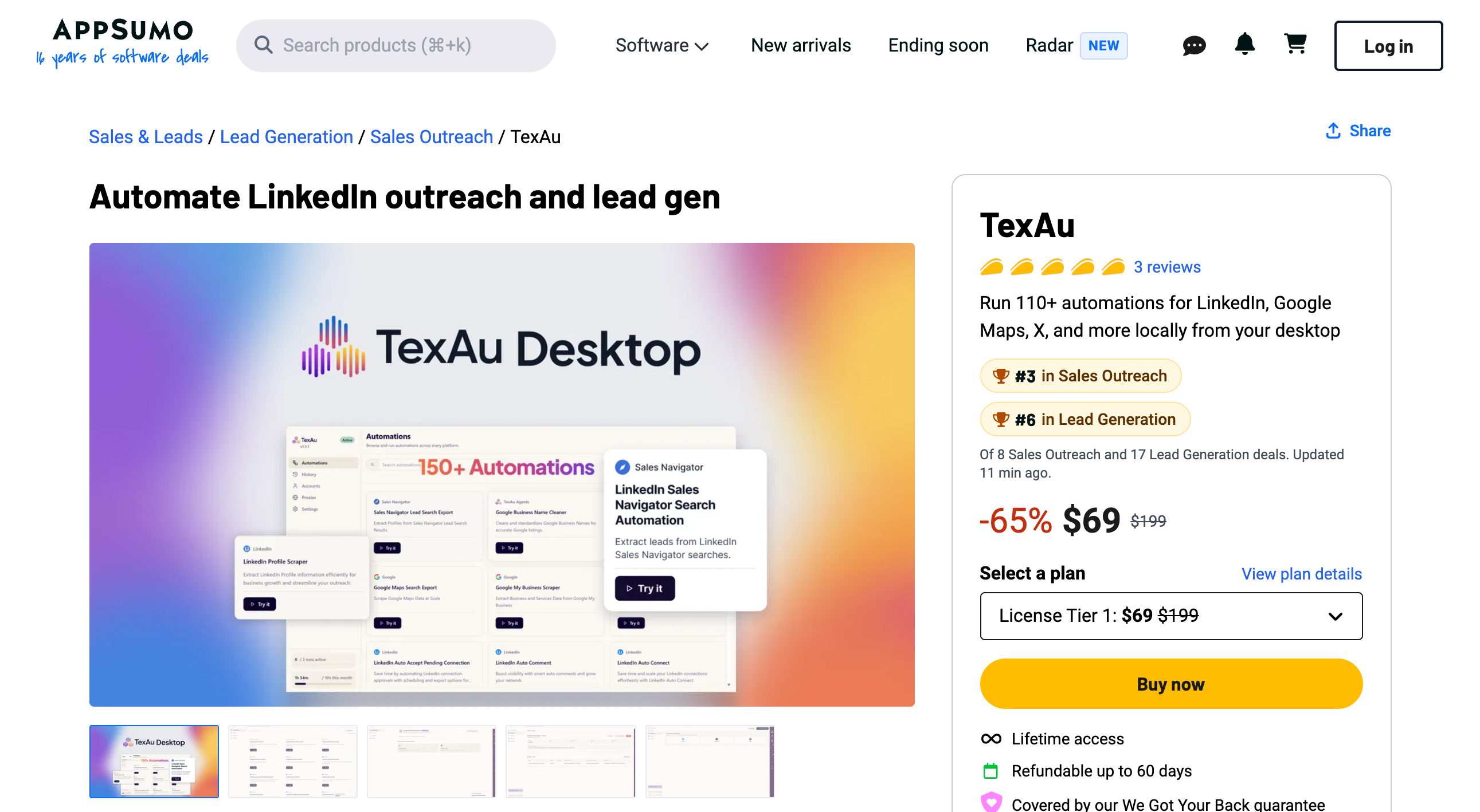 TexAu AppSumo listing showing a 65 percent discount to $69 from $199, the License Tier 1 selector, a Buy now button, three five-taco reviews, and the We Got Your Back guarantee line