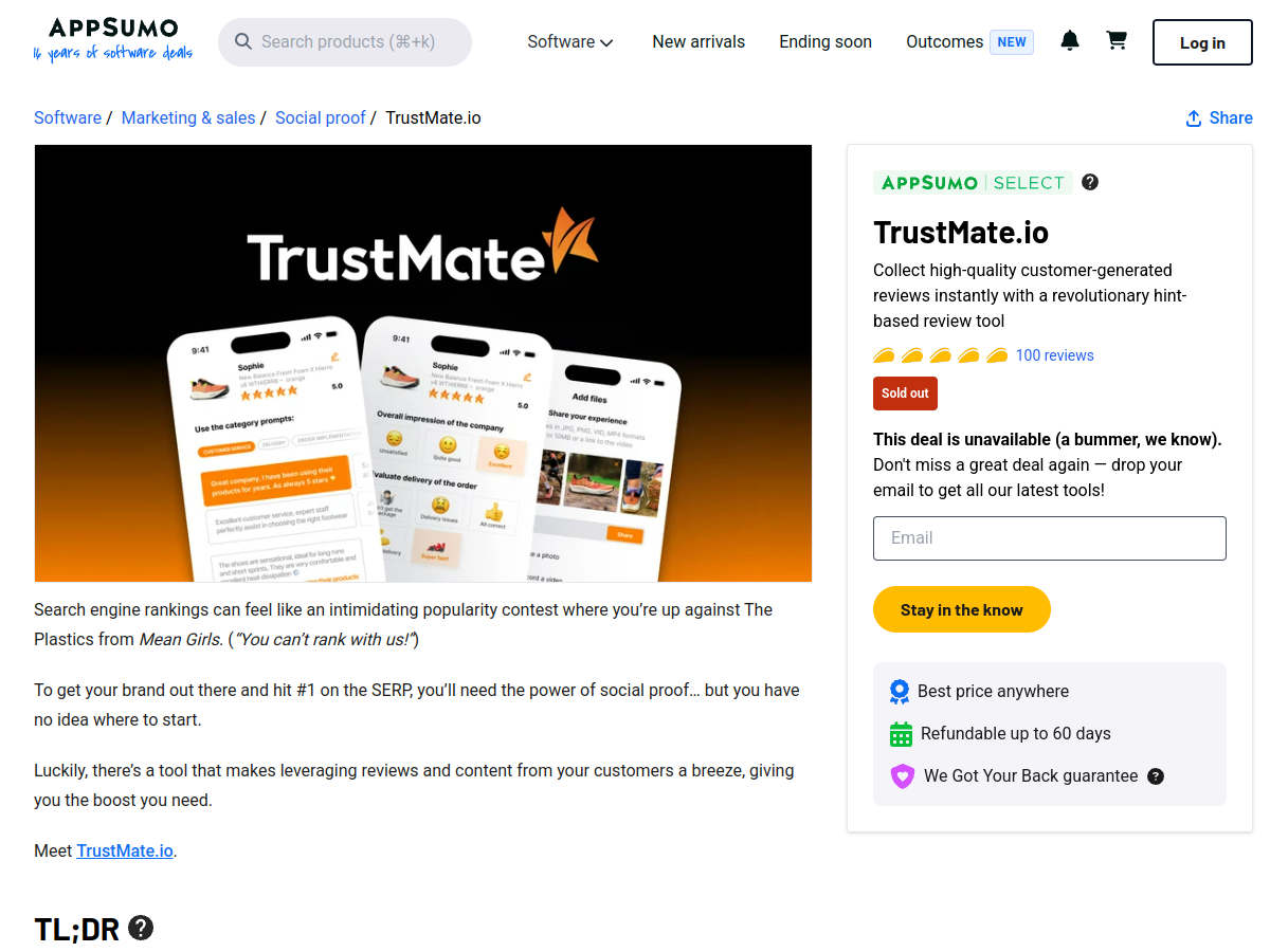 TrustMate AppSumo listing showing the sold-out state of the original review-collection LTD