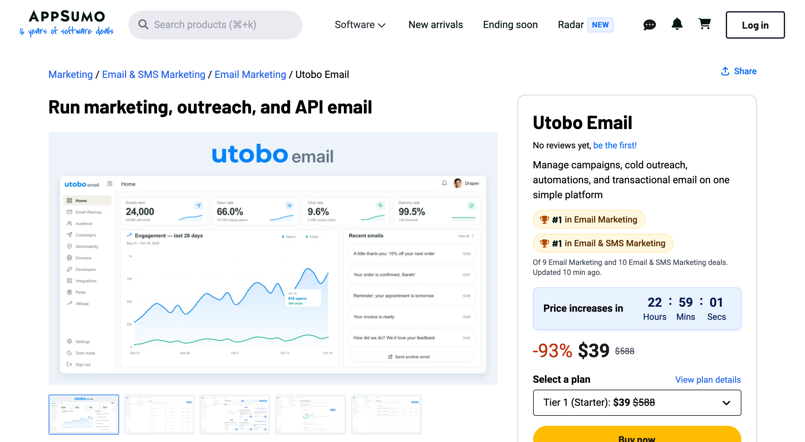 Utobo Email AppSumo listing showing a 93 percent discount to $39 from $588, the Tier 1 Starter plan selector, a price-increase countdown, and no reviews yet