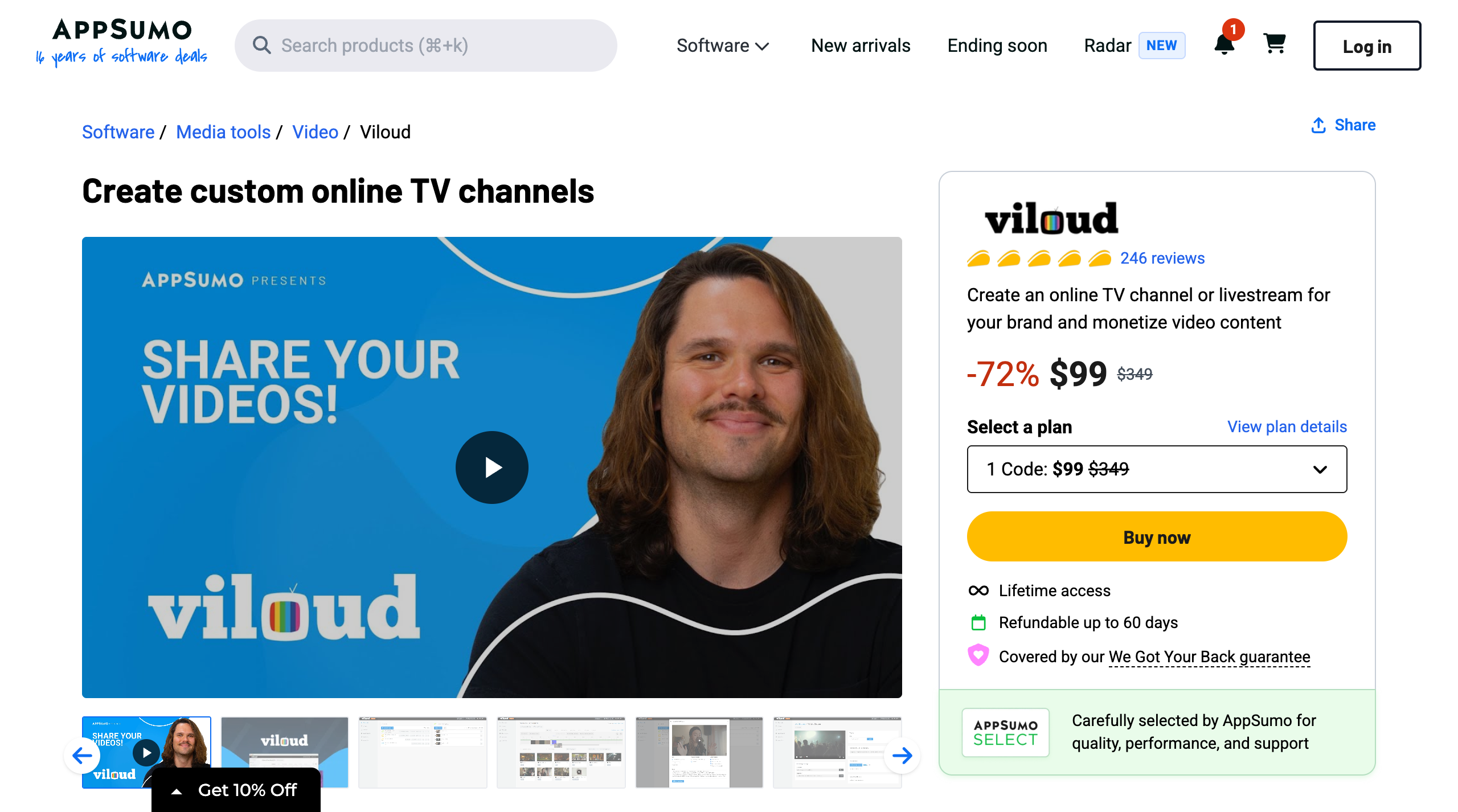Viloud AppSumo listing showing the live lifetime deal from $99 for 1 code, marked down from $349, with a 4.88 rating across 246 verified buyers and AppSumo Select certification