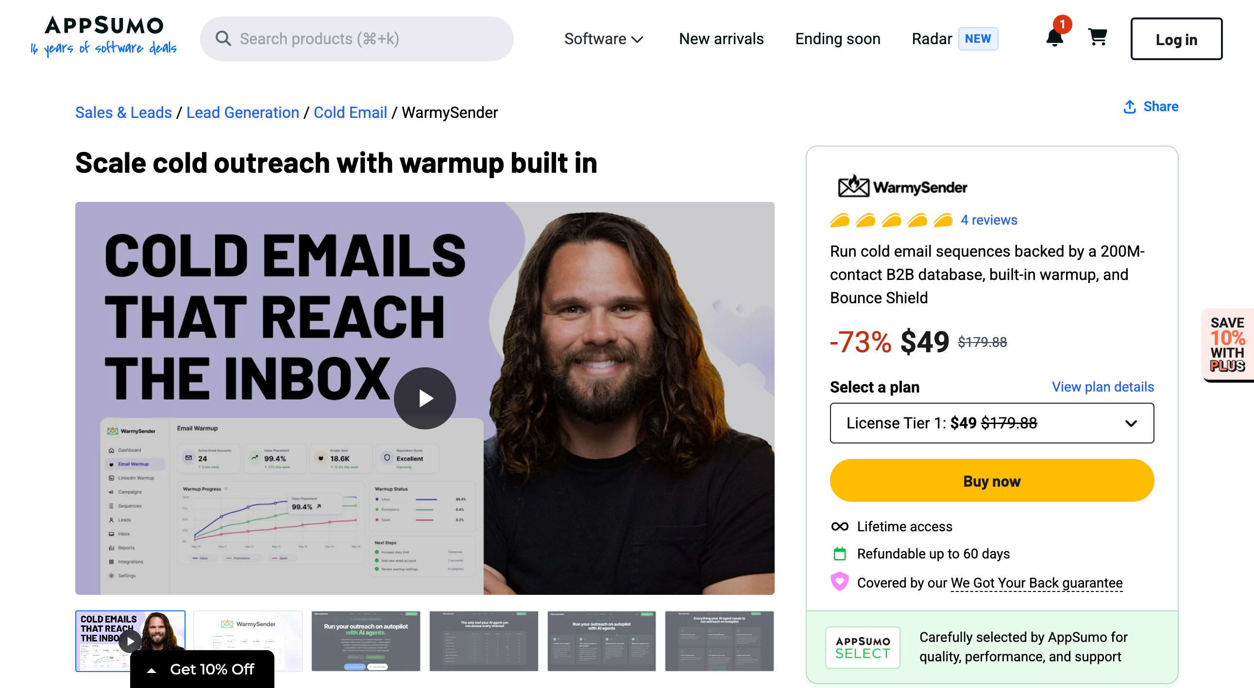 WarmySender AppSumo listing showing a 73 percent discount to $49 from $179.88, the License Tier 1 selector, a Buy now button, lifetime access, a 60-day refund line and the AppSumo Select badge